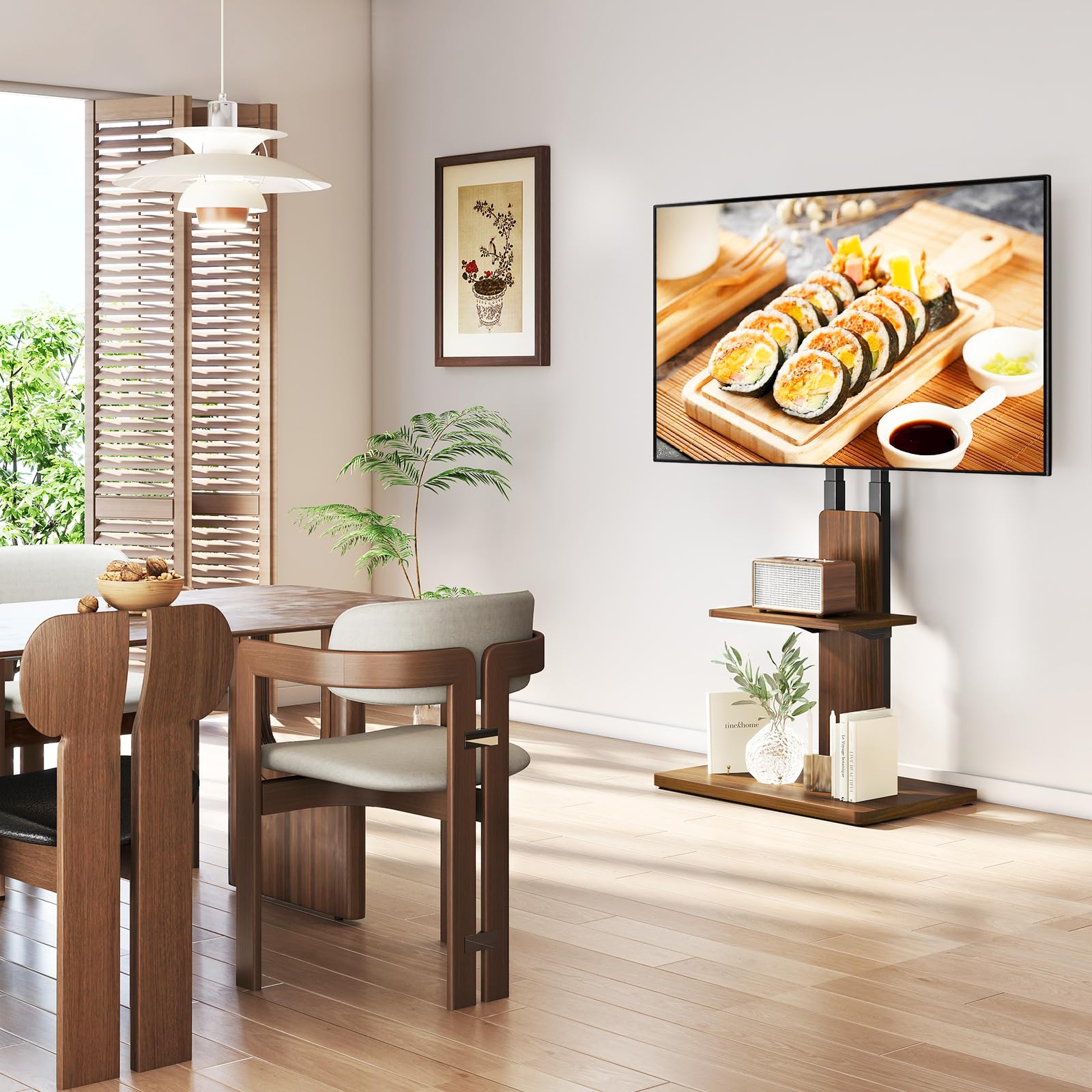 TVON Support TV au Sol avec roulettes Cachées pour Téléviseurs 32-70 Pouces, Hauteur Réglable, Support TV sur Pied Jusqu'à 45 kg avec Étagère Ajustable en Bois, Max VESA 400x400mm