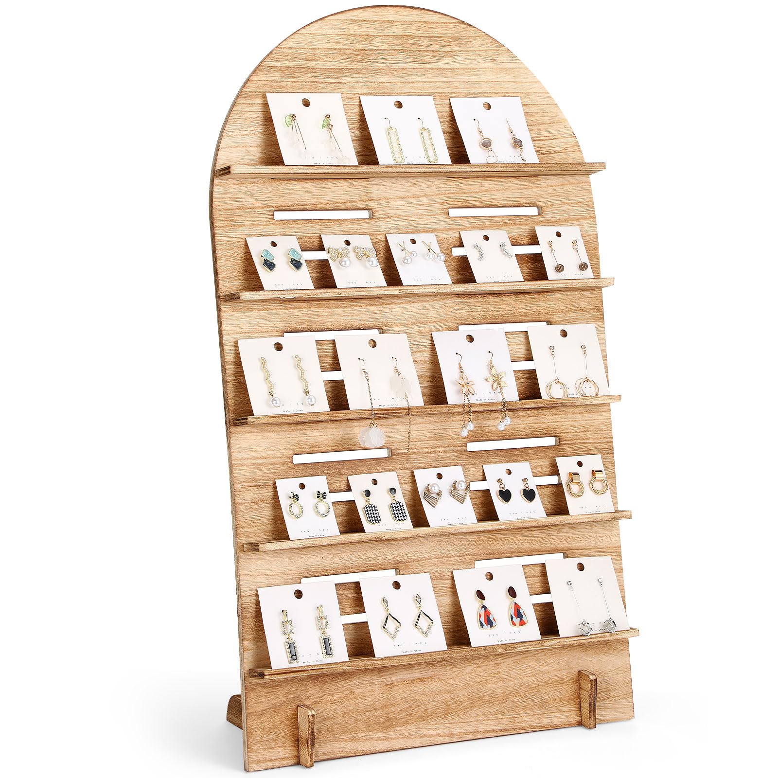DoubleFill 5 Tier Wooden Earring Display for Vendor Arch Jewelry Display Stand Rack with Adjustable Height for Retail Selling