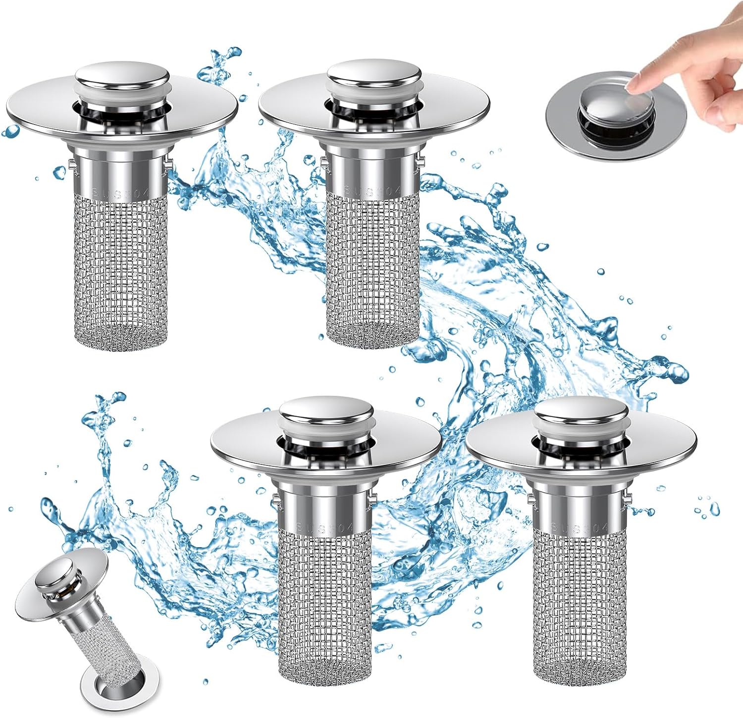 Bathroom Sink Drain Strainer, Pop Up Sink Drain Filter with Removable Stainless Steel Filter Basket Hair Catcher, Bathroom Sink Drain Stopper, for Us Bathroom Sink Stopper Replacement (3pcs)