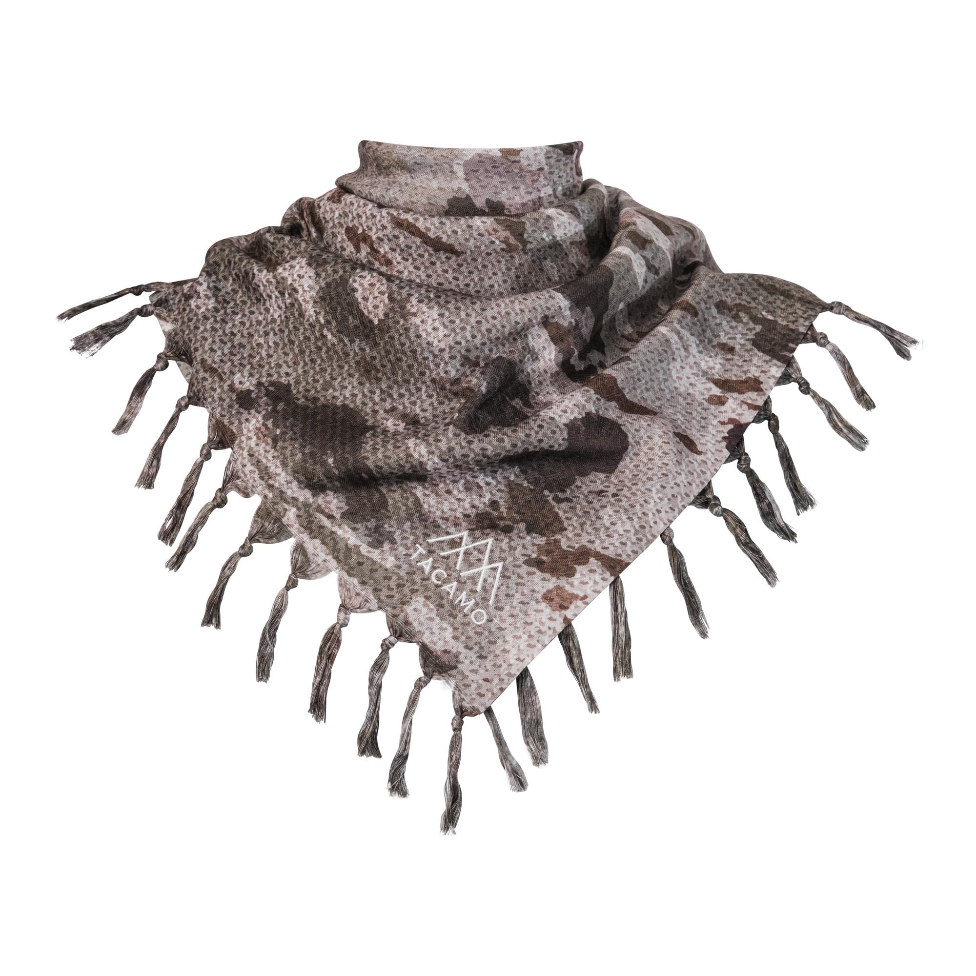 TACAMO Camouflage Shemagh Tactical Scarf for Men and Women - 44in x 44in - 100% Woven Desert Keffiyeh for Paintball, Hiking, and Survival