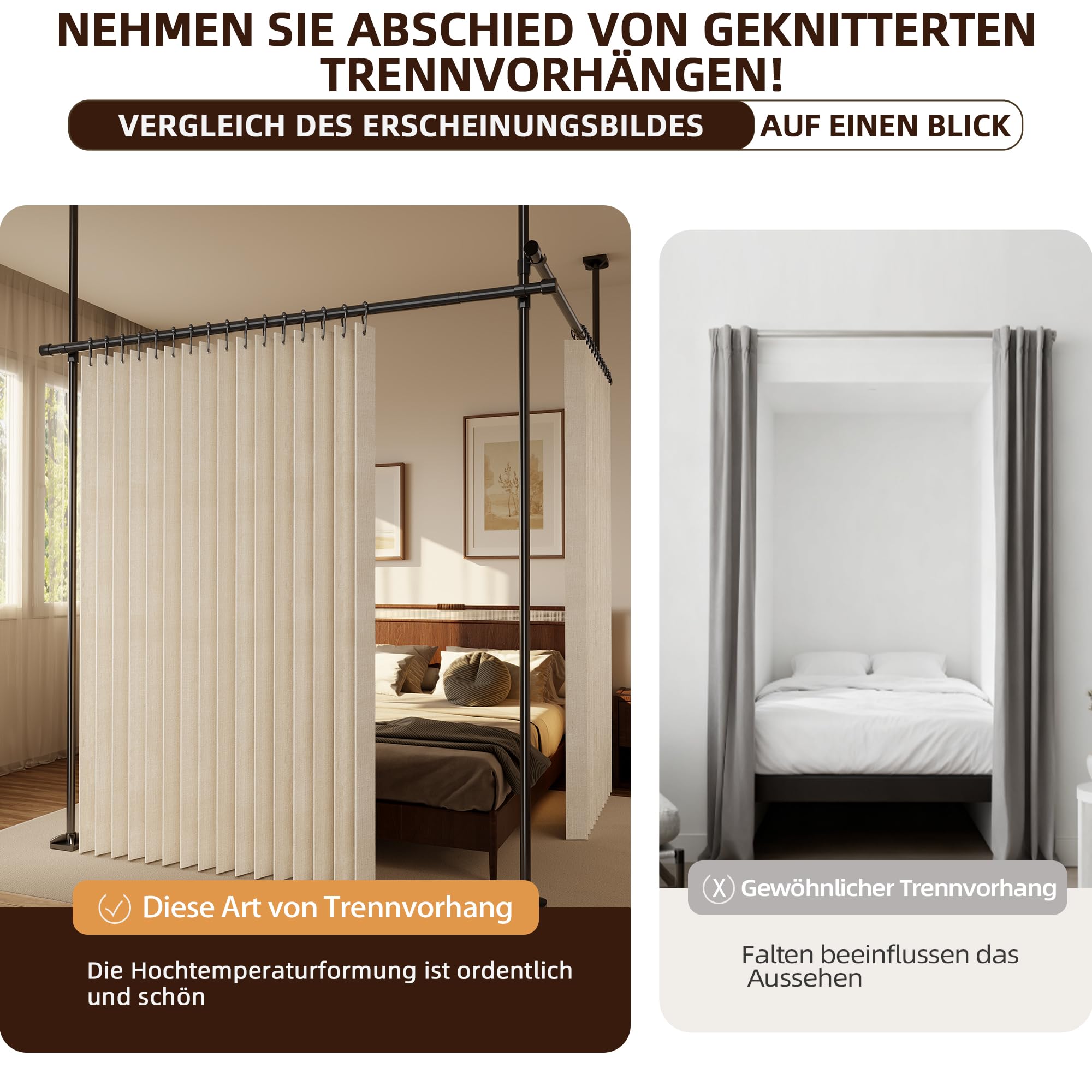 Raumteiler Vorhang Extra Breit – Trennvorhang Faltbar mit 3D Akkordeon-Design, Sichtschutz für Schlafzimmer & Büro, Raumtrenner inkl. Metallhaken & Leder-Strap (Beige, H240 x B254 cm)