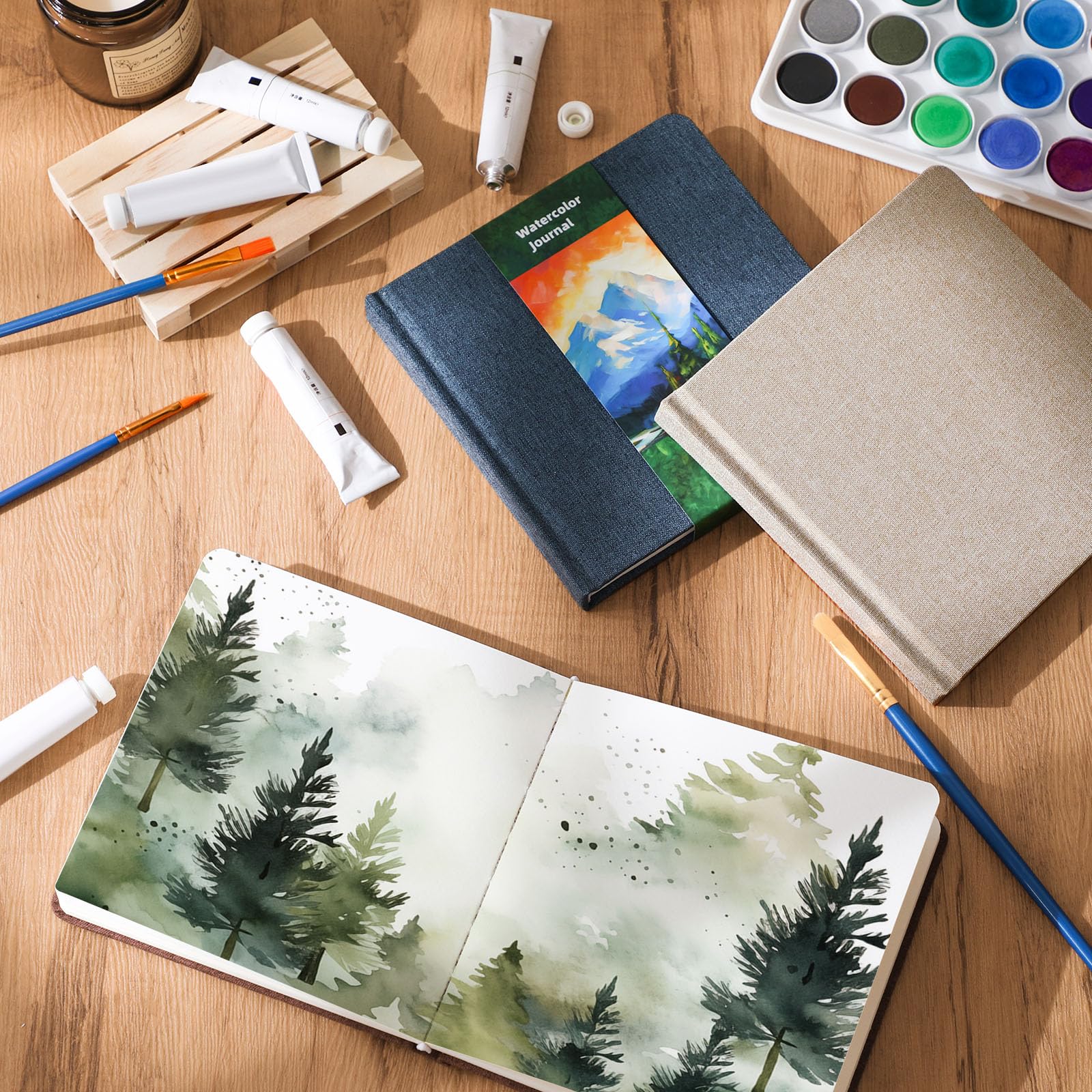 Mooliwe Lot de 6 carnets de croquis de petite poche pour aquarelle - Papier coton 300 g/m² - Presse à froid - 48 pages - Pour artiste, étudiant, peintre (couleur rétro, 14 x 14 cm)