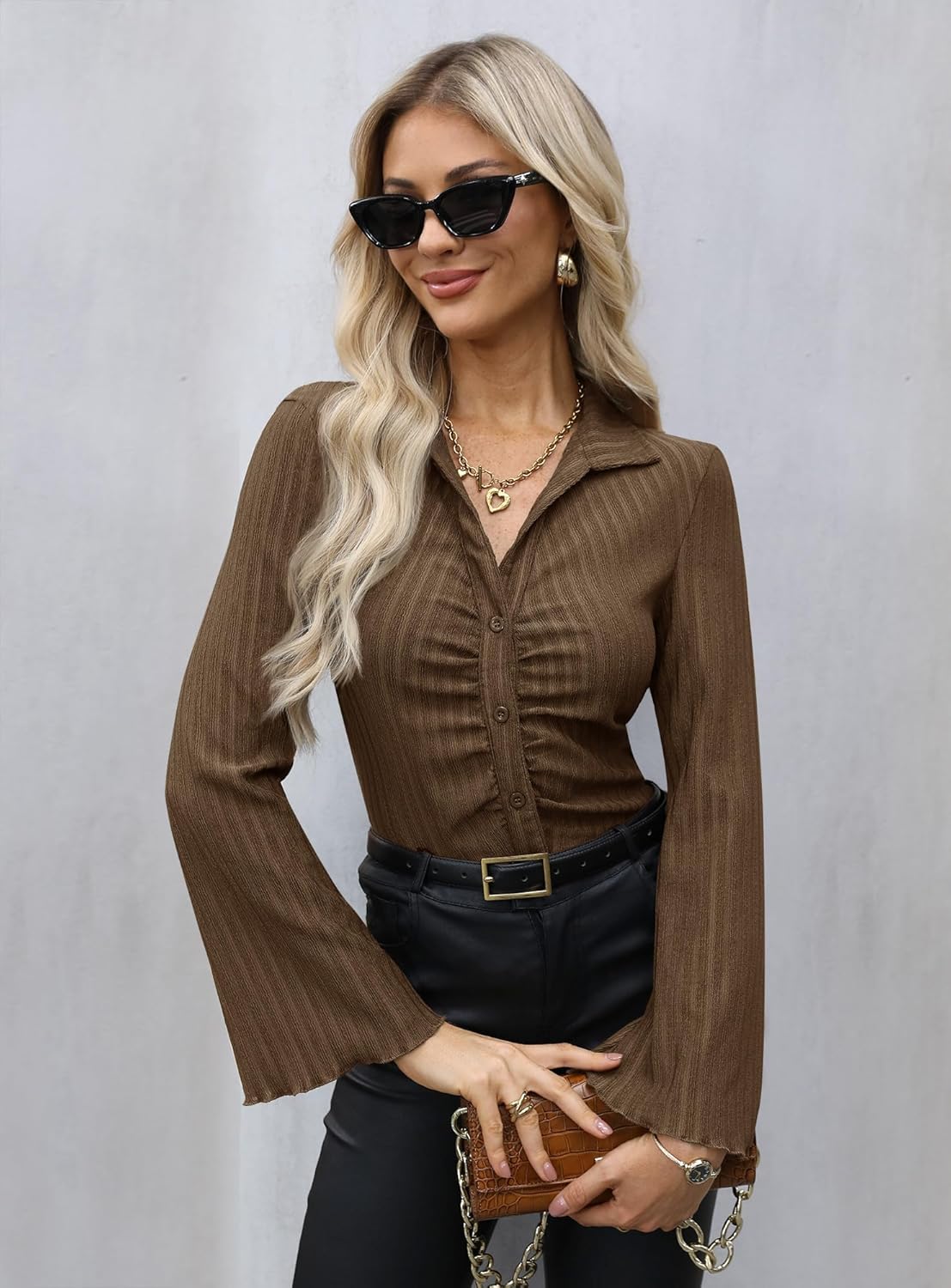 Women's Fall V-Neck Flare Sleeve Blouses Fashion Button Down Ribbed Y2K Ruched Shirt - Image 5
