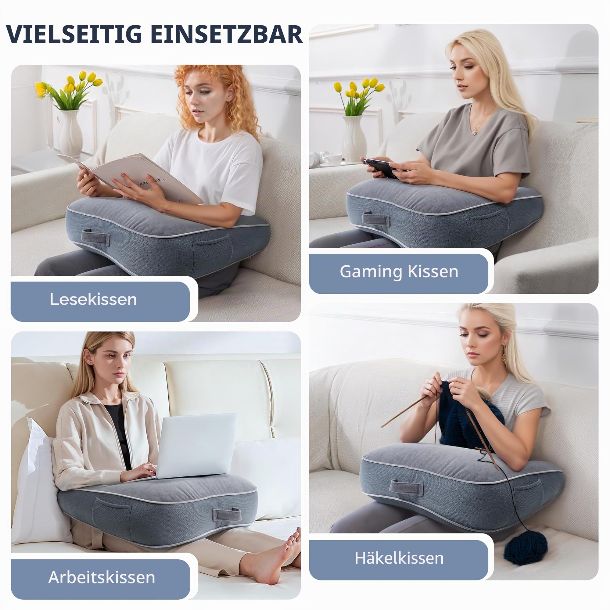 Lesekissen für Gaming, Gaming-Kissen für den Schoß, Häkelkissen zur Unterstützung des Schoßes, Armstützkissen für Erwachsene, Häkeln, Arbeiten oder Sitzen im Bett, Boden und Sofa (grau)