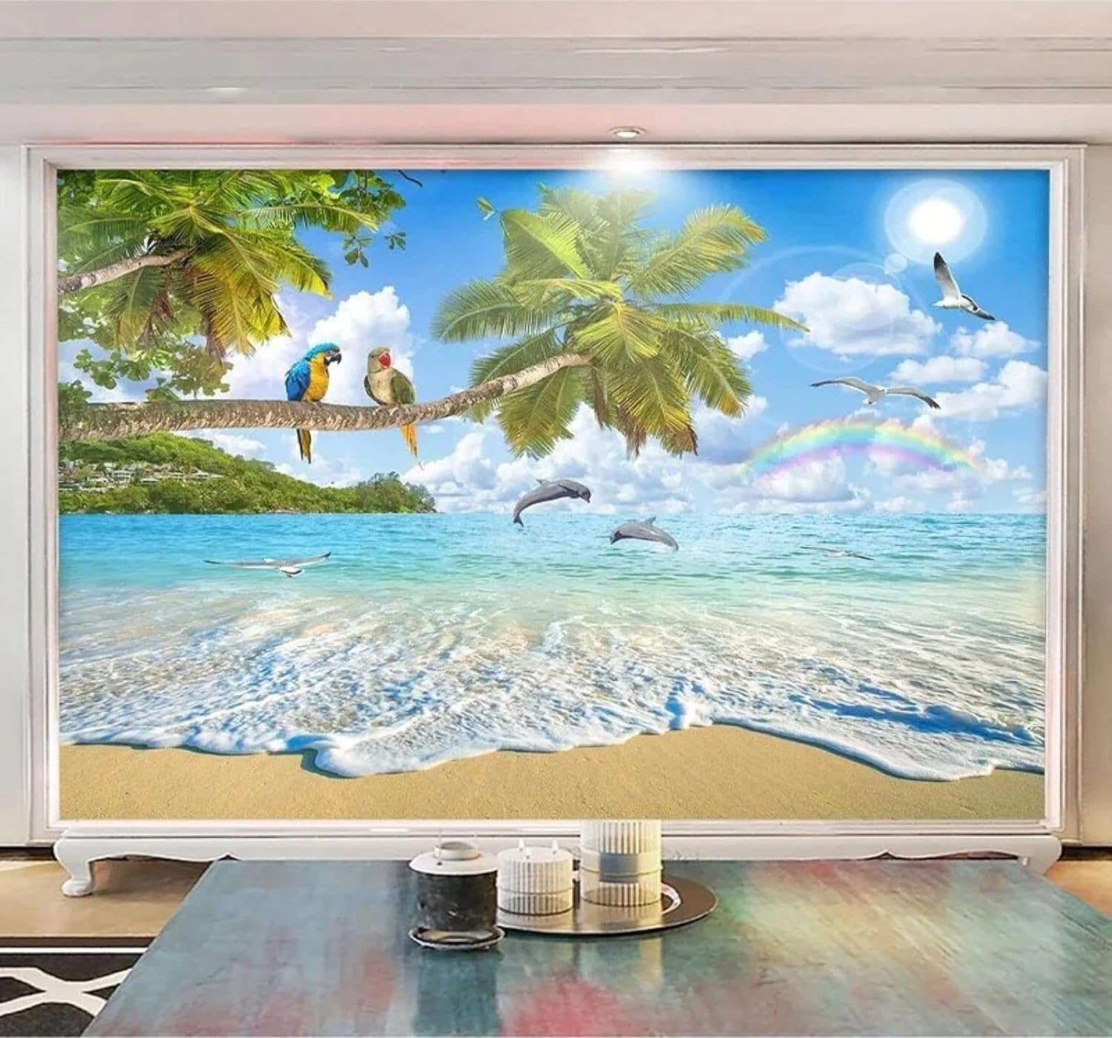 XLMING Parrots Dolphins Beach Rainbow Seascape 3D Wallpaper Premium Textured Silk Study Dining Living Room Bedroom Sofa TV Wall Easy Install-300cm×210cm