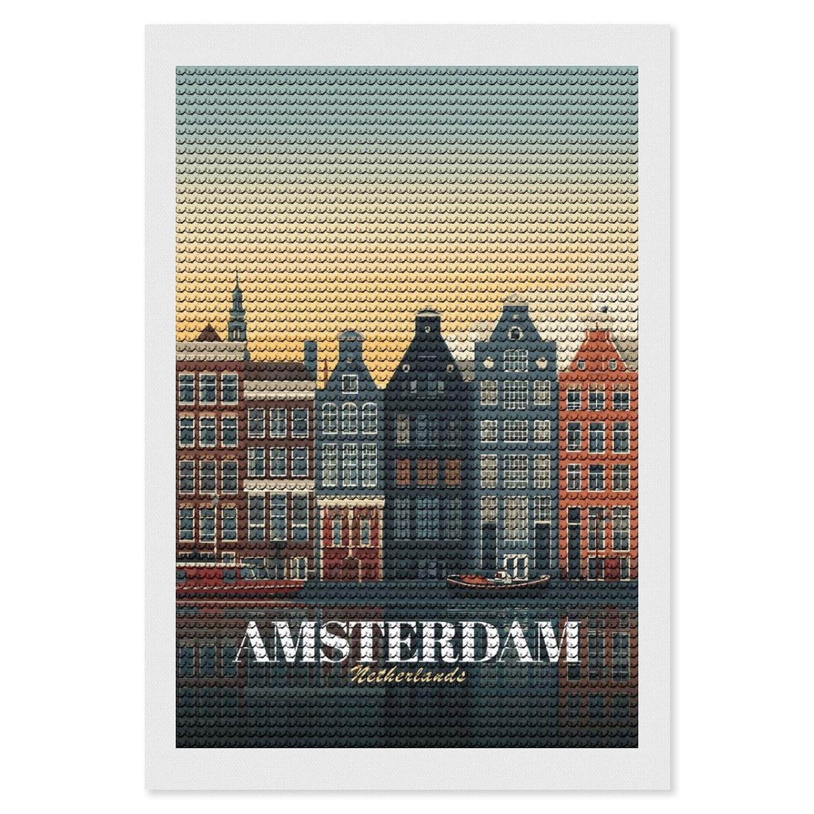 Junmoney Amsterdam Netherlands Cityscape Illustration Diamond Painting Set 8"x12", Sparkling Round Gems, Decorate Your Room, Fun Craft Experience, Modern Decor
