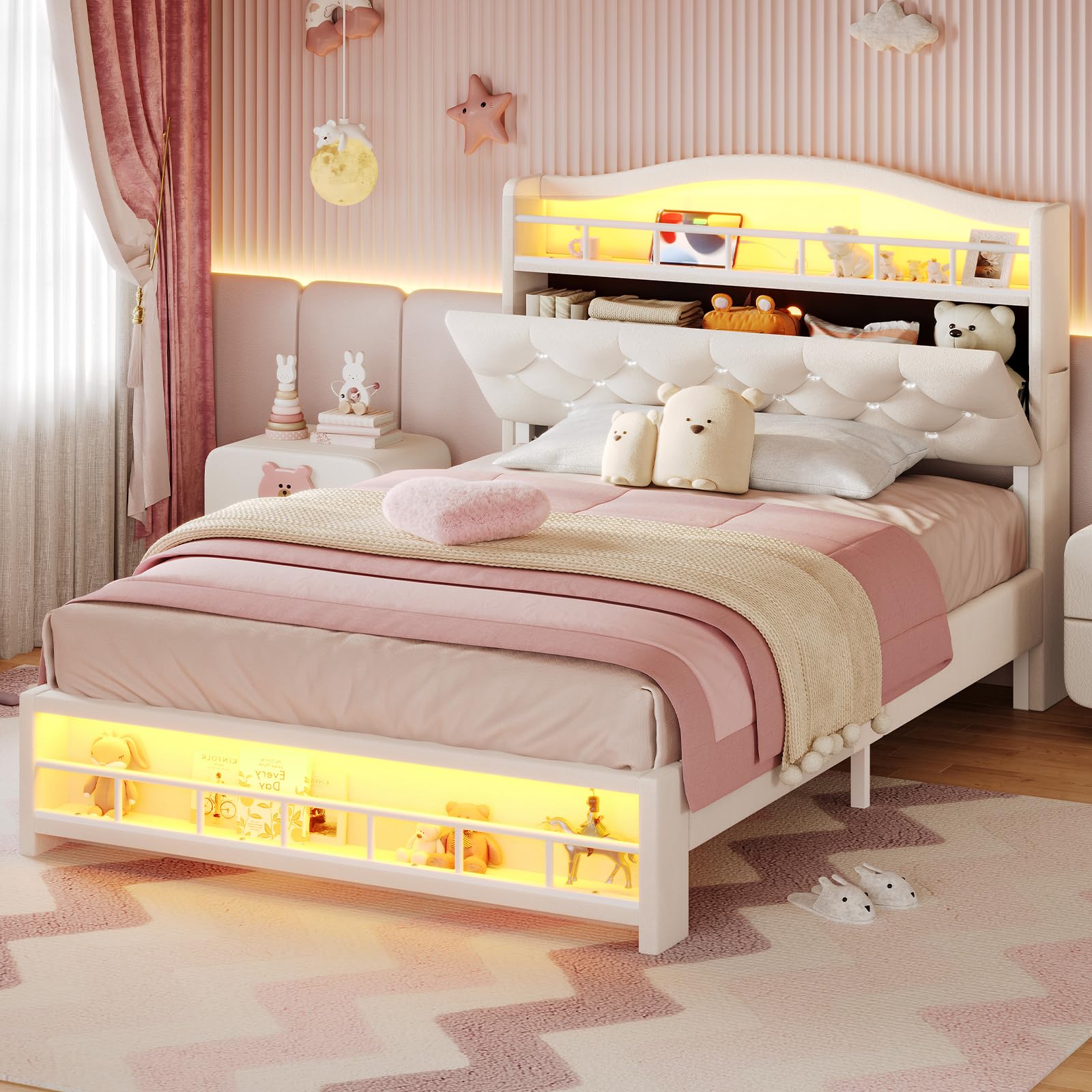 BTHFST Twin Szie Girls Bed with LED Lights & Charging Station, Princess Twin Size Bed Frame with Hidden Storage Headborad, Sturdy Platform Bed, No Box