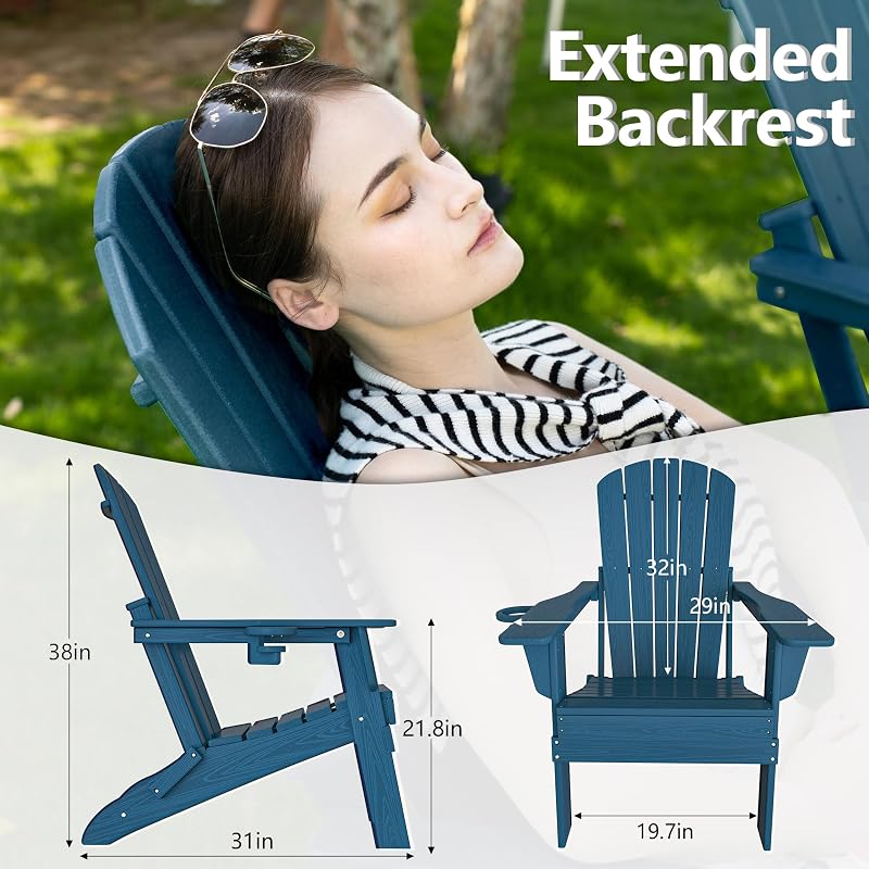 Plawdlik Folding Adirondack Chair, SGS Tested, Wooden Textured with Cup Holder, Heavy All-Weather HDPE Comfortable Set Poolside Backyard Lawn Navy Blue Set 4 image 2