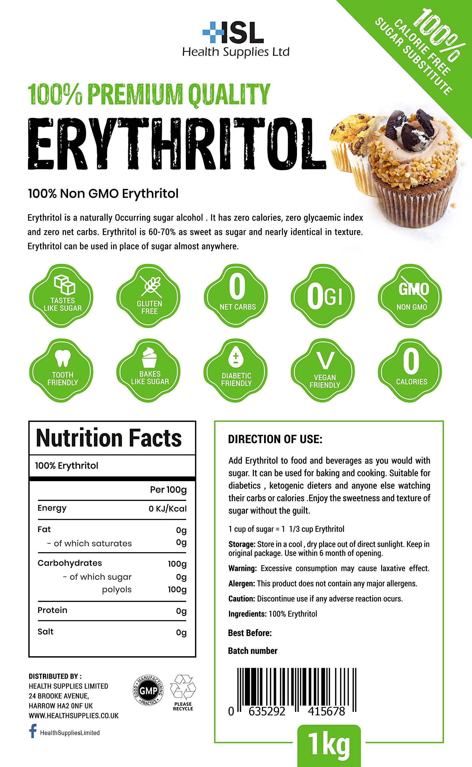 100 % Premium Quality Erythritol 1 Kg (2.2 lb) Zero Calorie Sugar Replacement