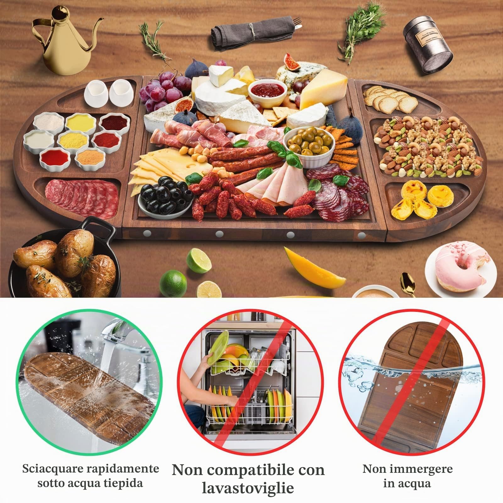 YUANQIAN Tagliere magnetico in legno di acacia, grande 66 cm x 33 cm, tagliere per formaggi per intrattenere, bellissimo set di tagliere per salumi semicircolare in legno di Natale personalizzato