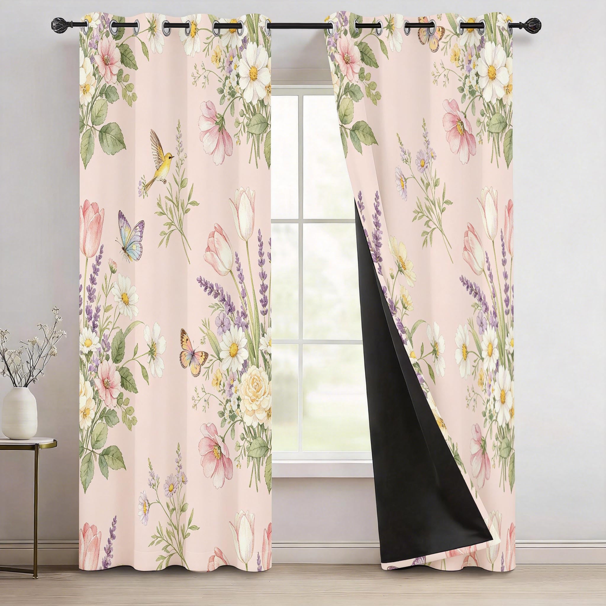 Aquarellblumen Vorhänge Blickdicht mit Ösen H 137 x B 117 cm 2er Set