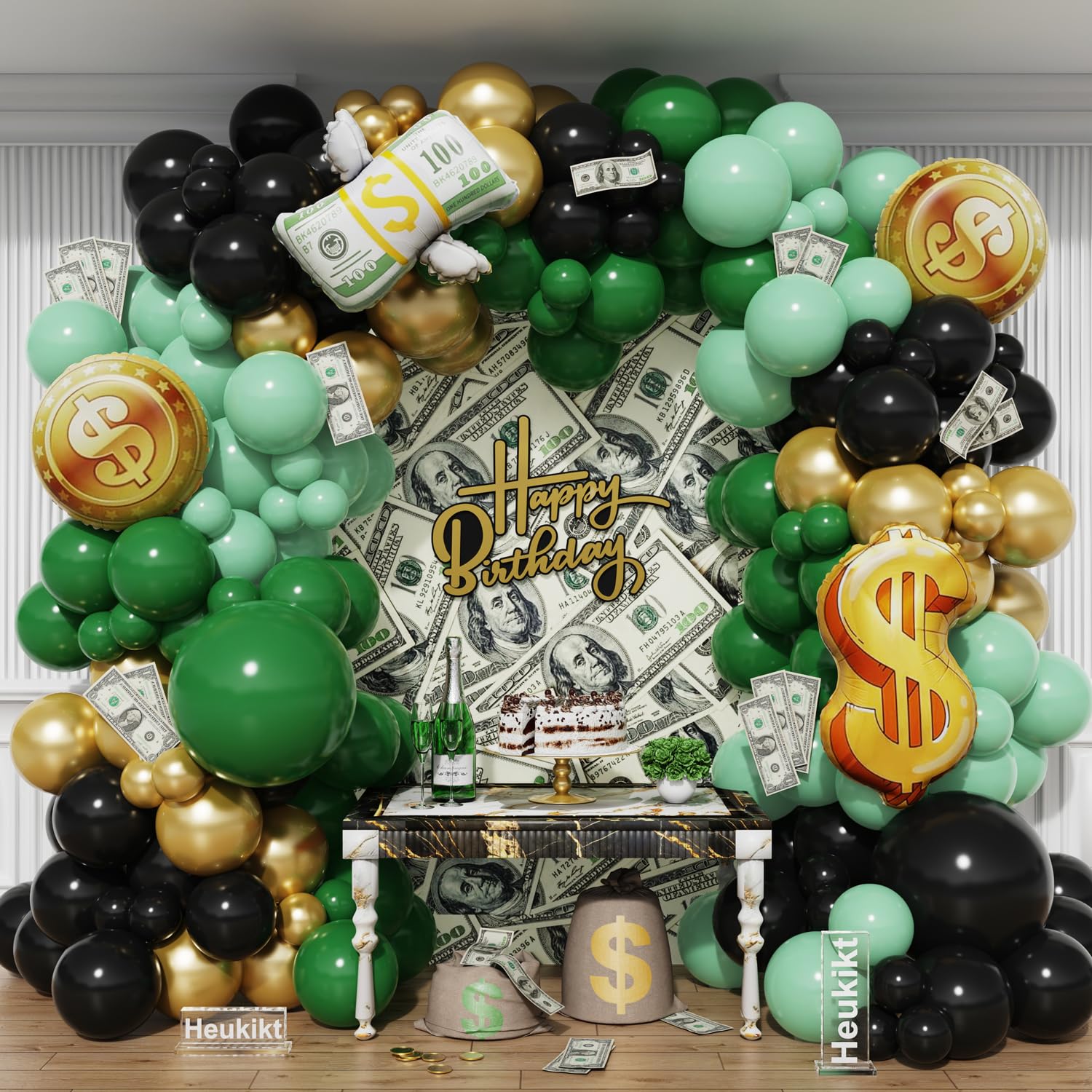 Photo 1 of 150Pcs Dollar Balloon Arch Kit, Green Metallic Gold Black Balloons with Dollar Foil Balloons for Birthday Money Theme Casino Anniversary Poker Night Party Decorations