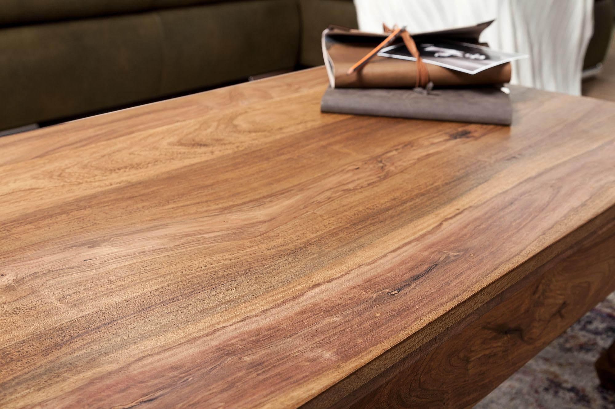 FineBuy Mesa de Centro Oriental Rectangular 110x60x40 cm Madera Maciza de Sheesham | Mesa Auxiliar para Salón | Mesita Café para Sofá | mesa de salón con patas curvadas, punta de sofá de madera auténtica estilo campaña, pieza única hecha a mano