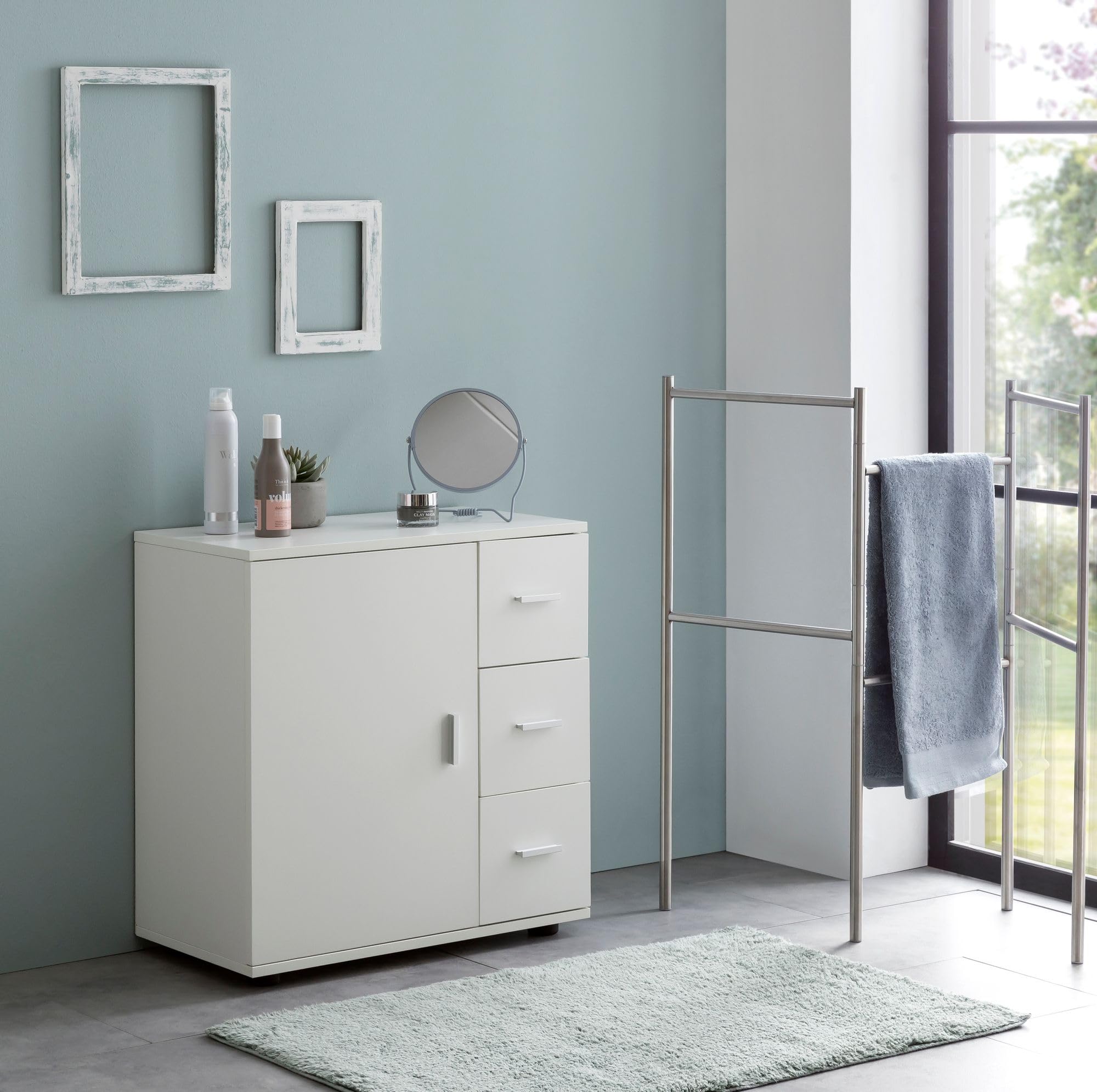 WOHNLING Mobile Bagno Midi 60x33x65,5 cm Bianco, Anta e Cassetti
