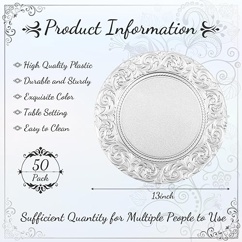 Miniatura 8 de Zhehao 50 unidades de platos antiguos a granel de 13 pulgadas con borde en relieve de plástico redondo decorativo para cenas, bodas, fiestas,