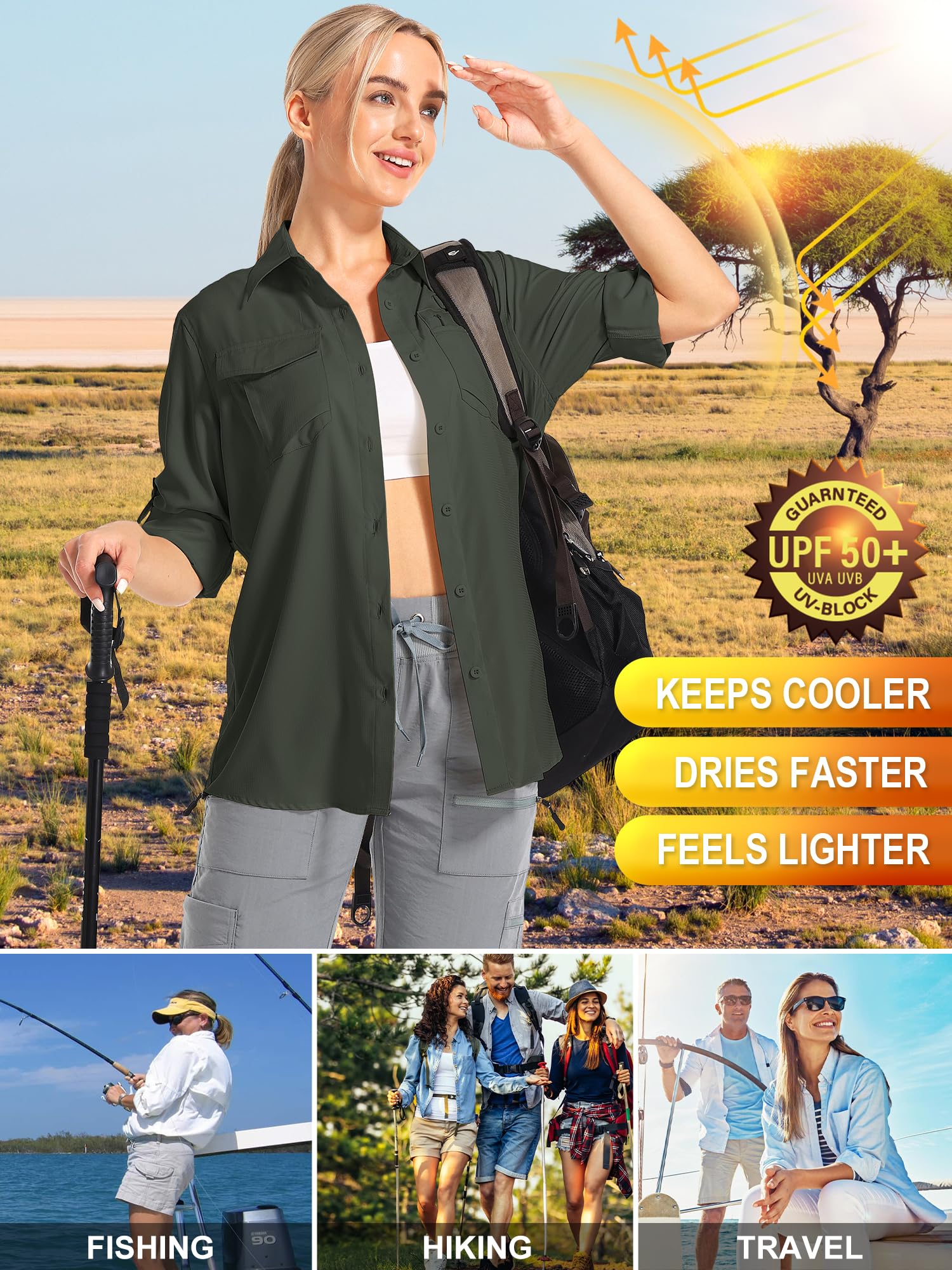 Chemises de protection solaire UV UPF 50 à manches longues pour femme, chemise de randonnée, safari, pêche, voyage