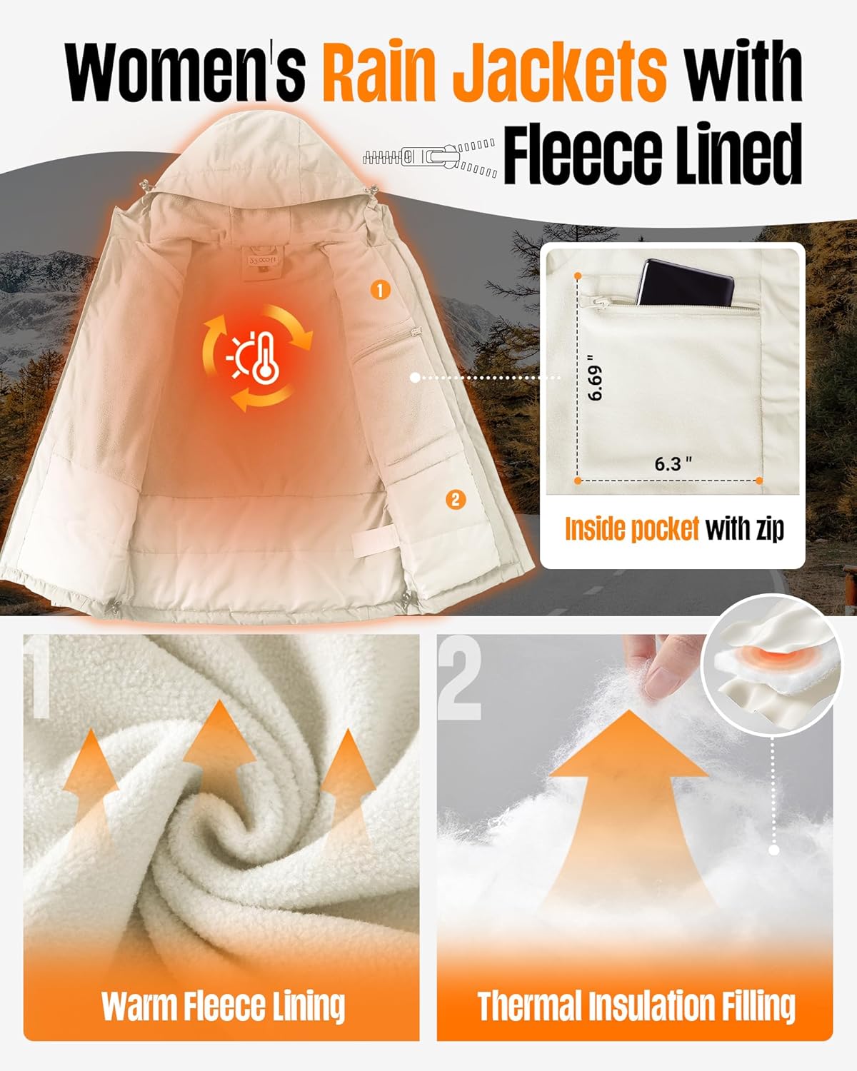 33,000ft Women's Fleece Lined Rain Jackets Waterproof Lightweight Warm Raincoats for Hiking Travel Skiing Windbreaker - Image 4