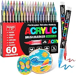 Guangna Marcadores de tinta acrílica, ponta de pincel, 60 cores vivas com sistema de controle de tinta líquida direta, caneta de tinta profissional para pintura rupestre, tela, vidro, plástico, tecido
