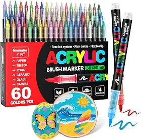 Guangna Marcadores de tinta acrílica, ponta de pincel, 60 cores vivas com sistema de controle de tinta líquida direta, caneta de tinta profissional para pintura rupestre, tela, vidro, plástico, tecido