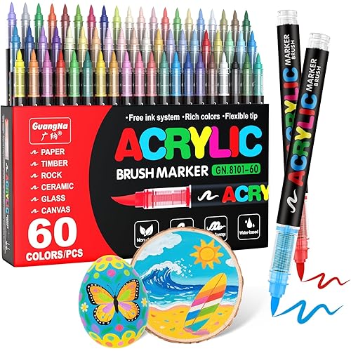 Guangna Acrylic Paint Markers Brush Tip, 60 Vivid Colors with Direct-Liquid Ink Control System, Professional-Grade Paint Pen for Rock Painting, Canvas, Glass, Plastic, Fabric & Creative Crafts