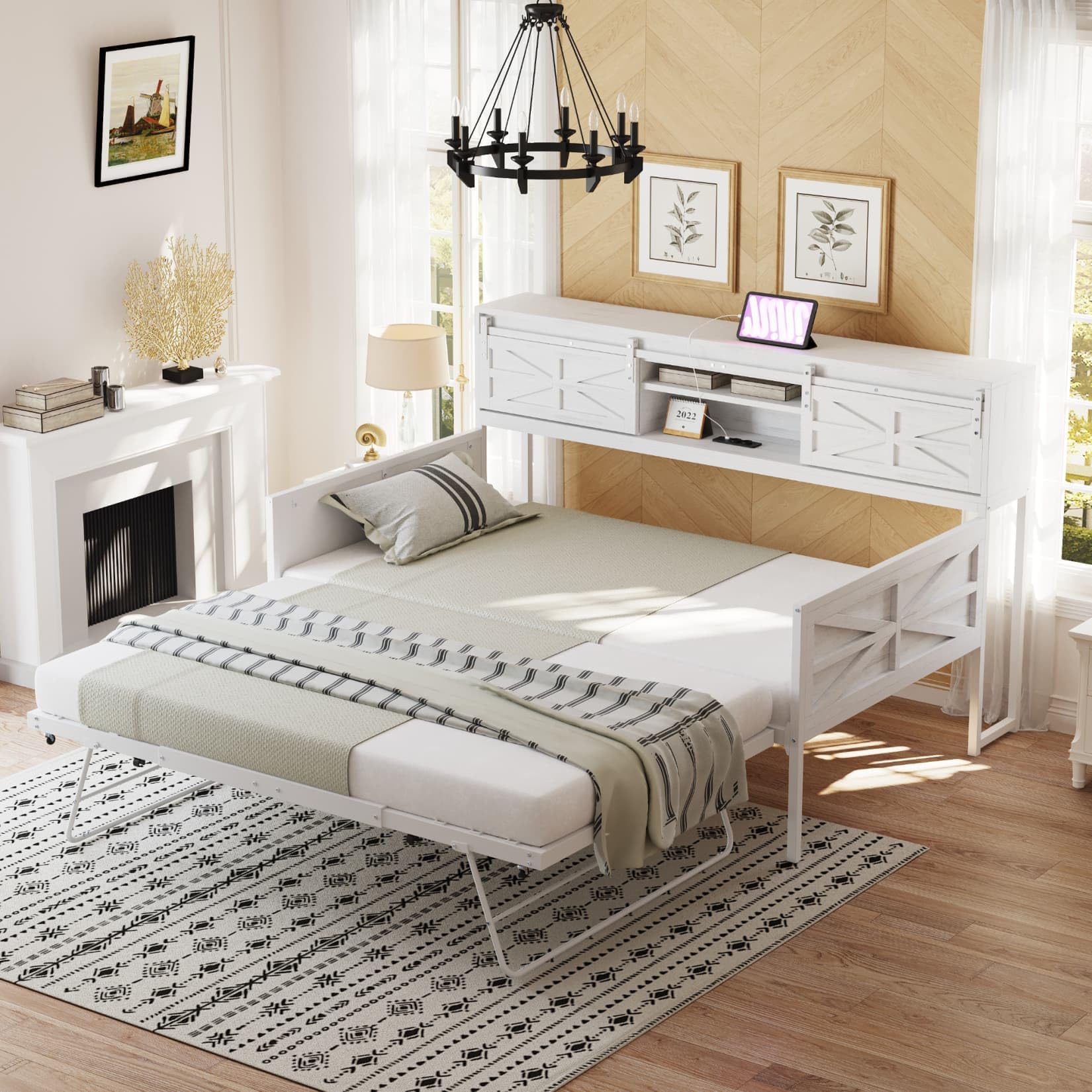 Canapé-lit Convertible 2 Places En Velours Avec éclairage LED, USB Et Sommier à Lattes - 90x200 Cm, Lit Gigogne Inclus (Beige)