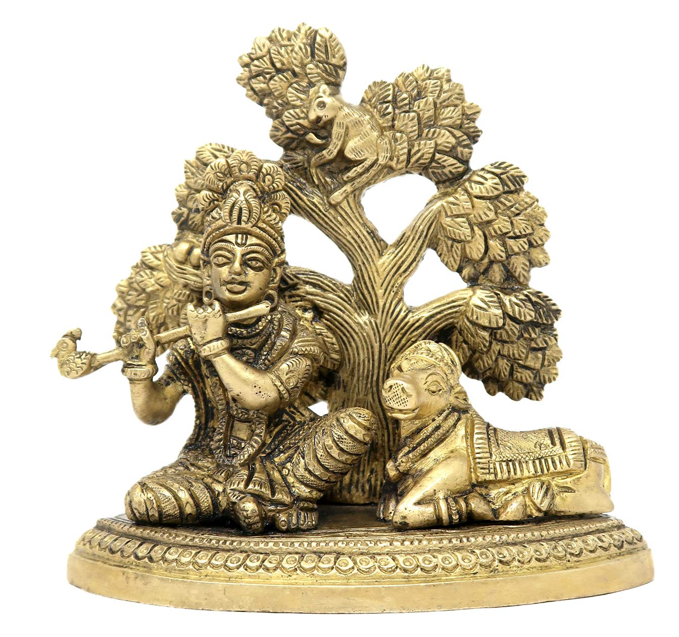 HomeDecor Hindu God Krishna Sitting Under Tree with Cow and Squirrel Brass Statue Sculpture Ornaments 5.5x5.5x3 Inch; 1.18 Kg