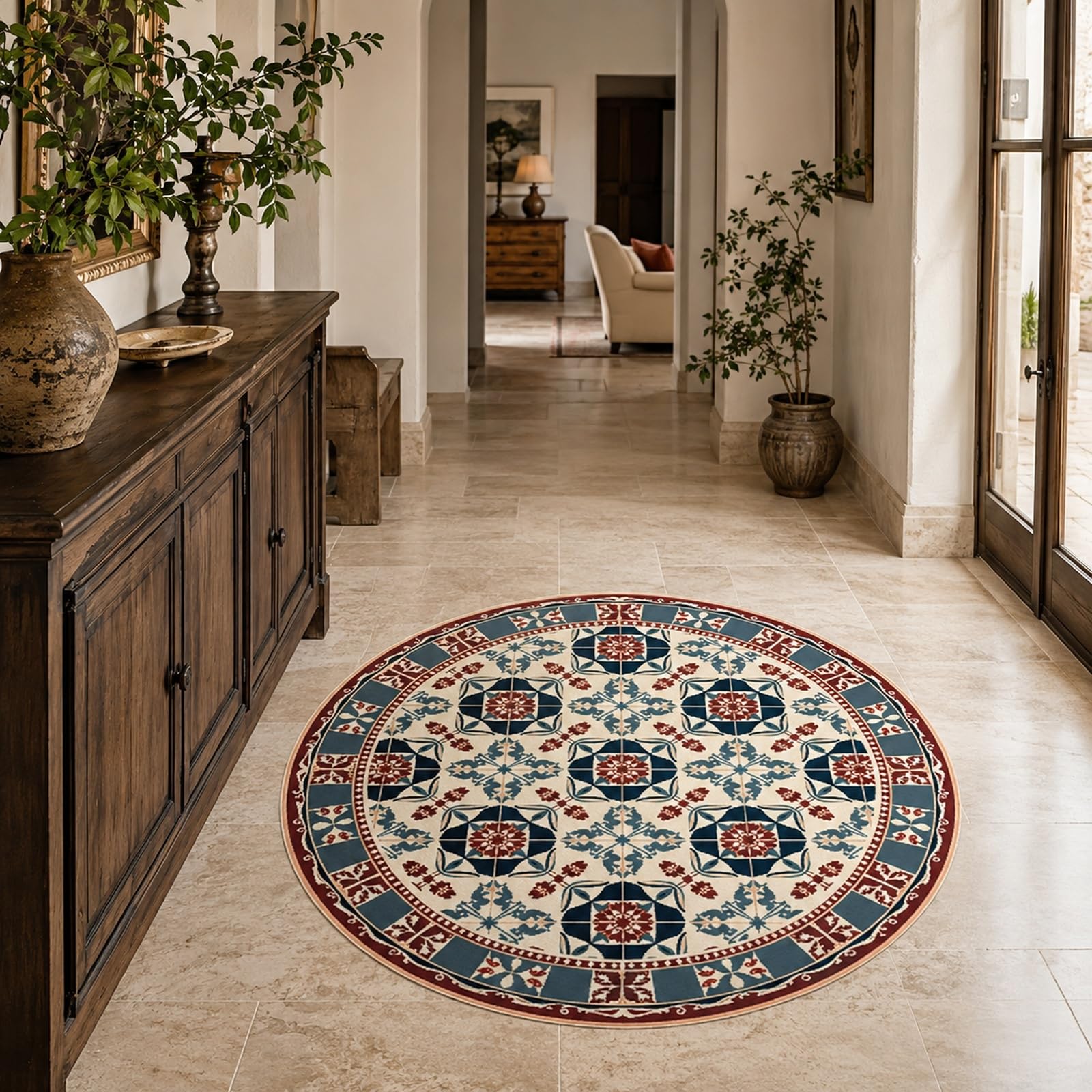 Tapis rond vintage beige pour rechauffer le sol du dressing adulte