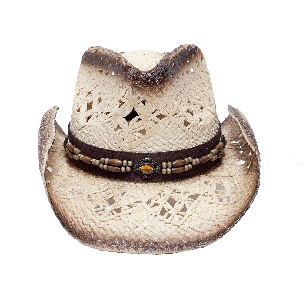 Vamuss Straw Cowboy Hat W/Vegan Leather Band & Beads
