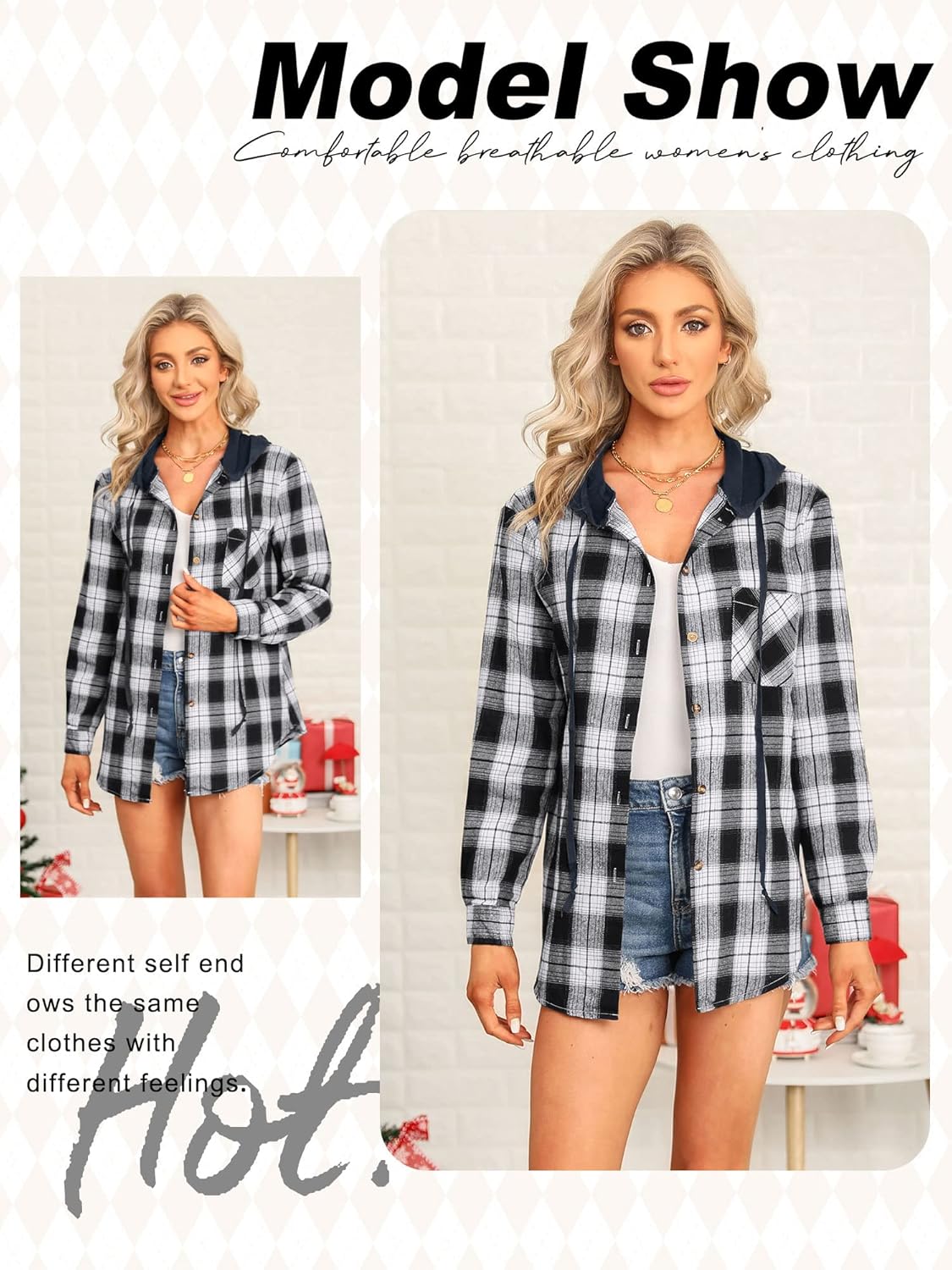 Ezcosplay Women Shacket Flannel Plaid Tops Long Sleeve Plaid Blouse Hood Button Down Casual Shirt Coat - Image 4