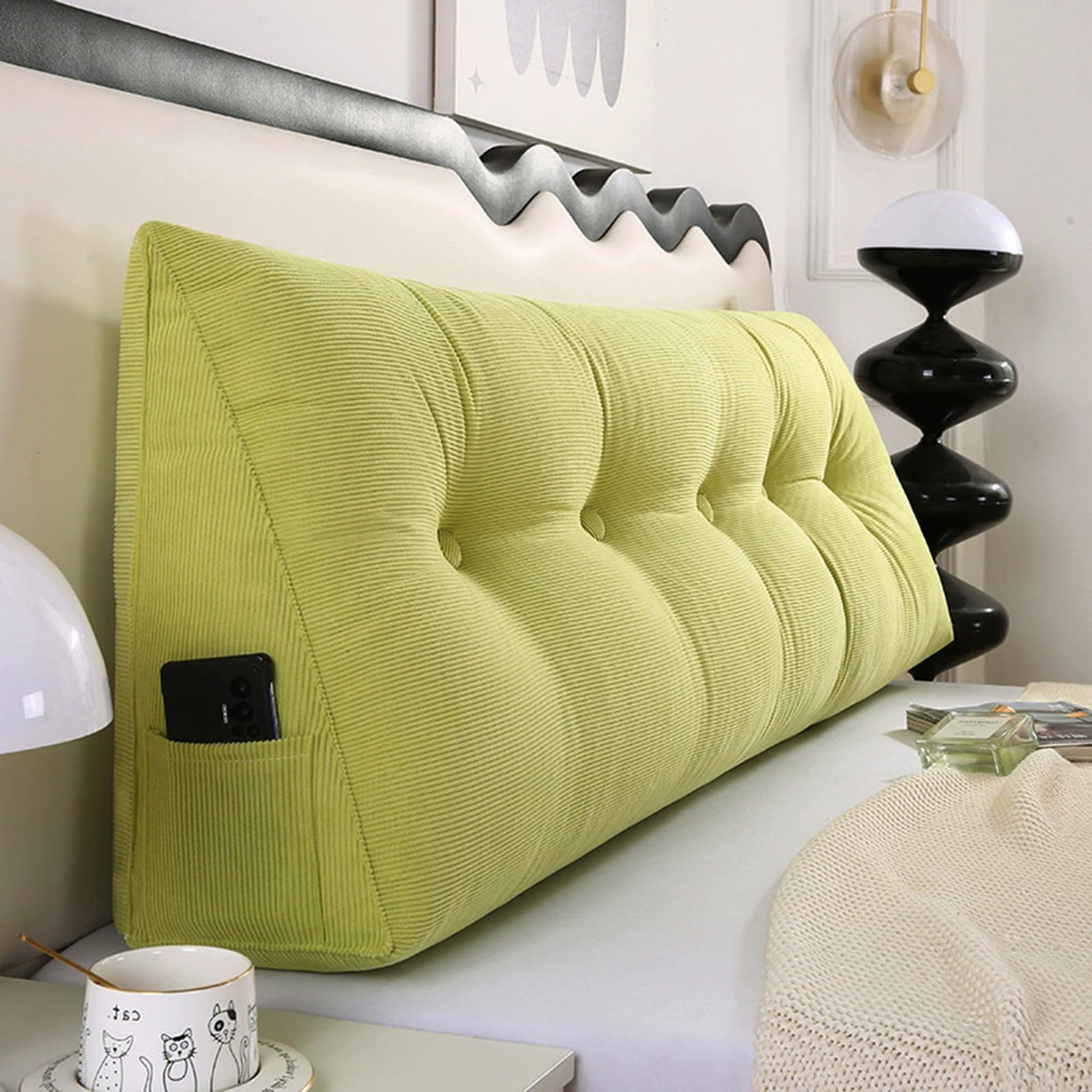 Hruile Wedge Back Lumbar Pillow, Triangular Headboards Pillow, Cosy Back Cushion for Sofa and Bed, Reading Cushion with Side Pocket, Sofa Daybed Positioning Bolster (180x50x20cm,Green)