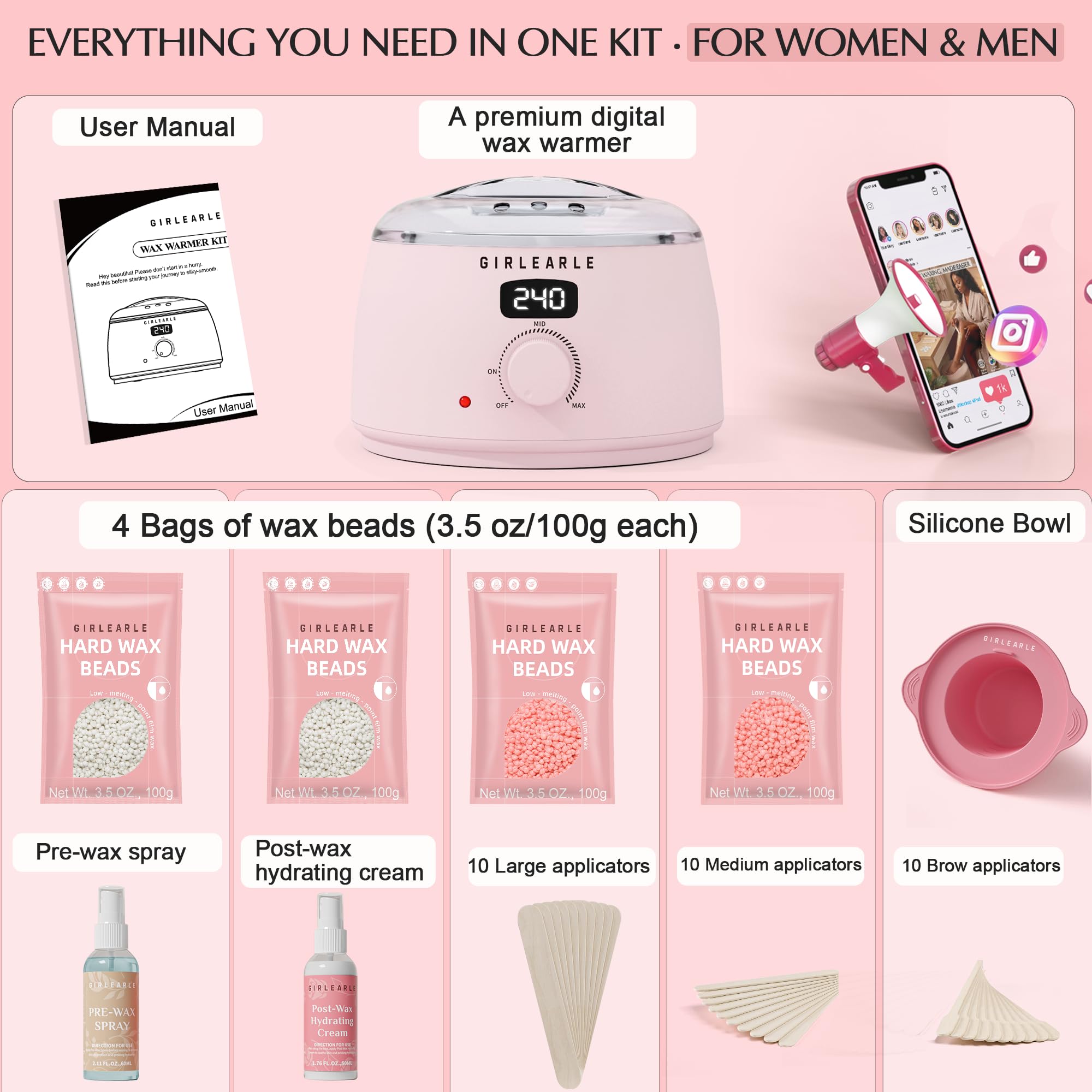 GIRLEARLE Digital Waxing Kit with Wax Warmer, Beads and Silicone Pot