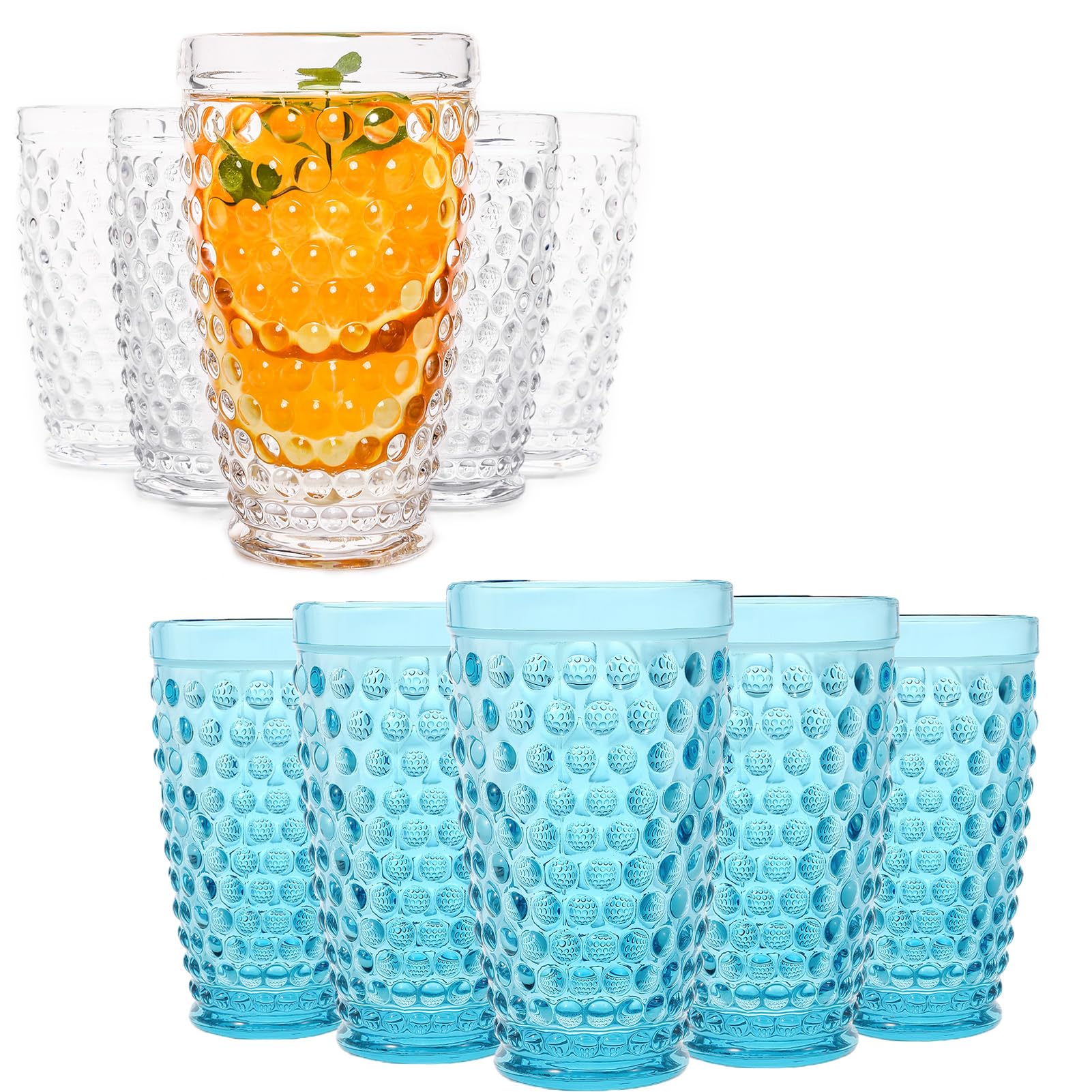 G Hobnail Drinking Glasses 6 Set Blue and Clear 13 oz Premium Tall Highball Water Glasses Mixed Drinkware