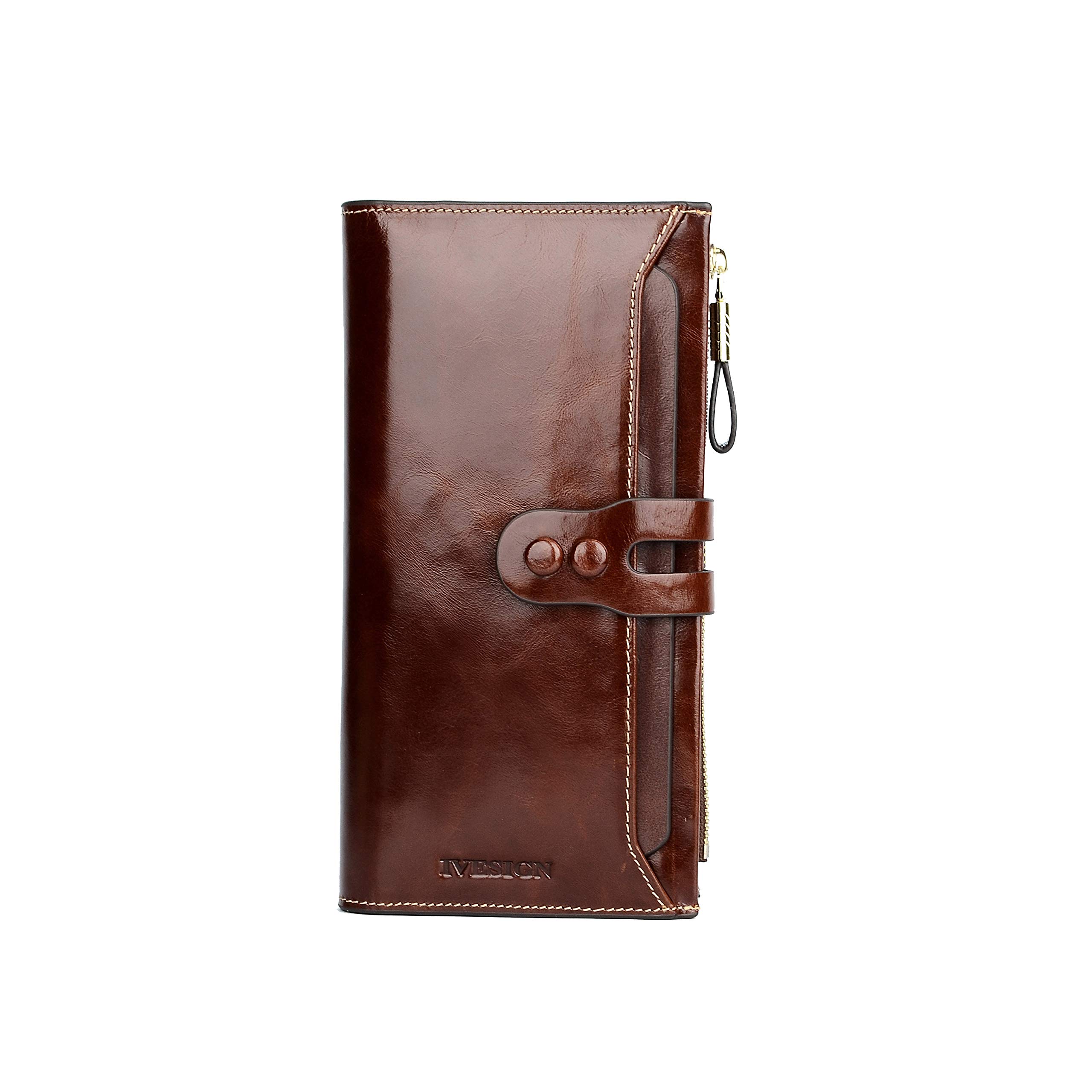 Women's Genuine Leather Wallet RFID Blocking Large Capacity Luxury Wax Multi Card Organizer Lady Purse(Dark Brown)