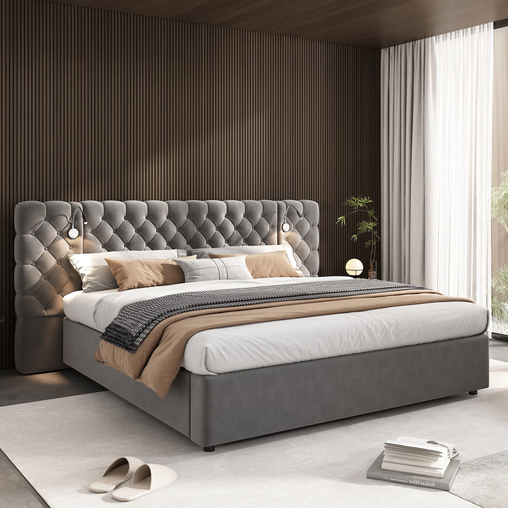 EURHCIO Lit Coffre 180x200cm,Lit Double Adulte avec Lampe de Chevet,Tête de Capitonné Large,Rangement,Sommier à Lattes en Bois,Tissu de Velours,Gris,sans Matelas (180)