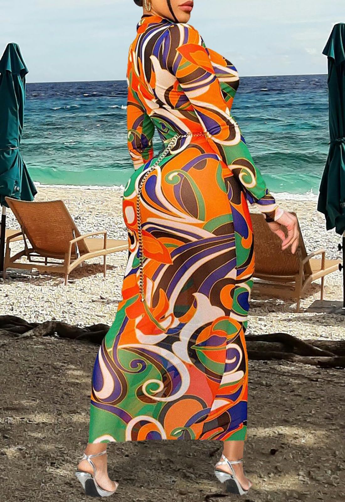 Vestido largo sexy de malla transparente para mujer, estampado elástico, con botones, salida de baño