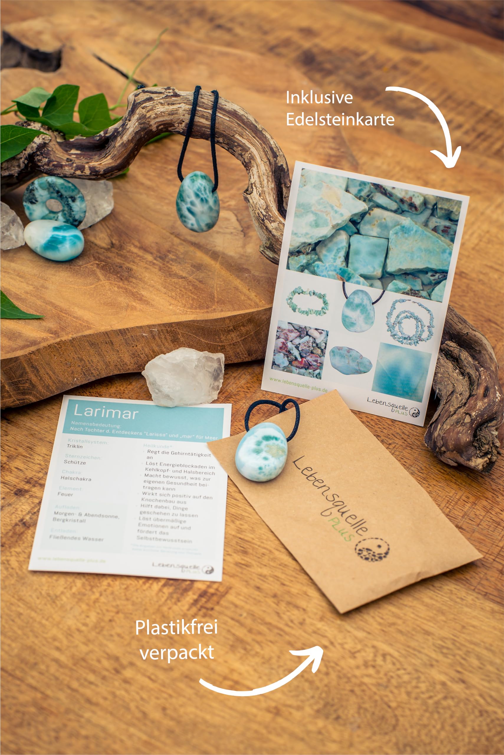 Lebensquelle Plus Larimar - Colgante de piedra rodada perforada con cinta de algodón - Colgante de piedra preciosa de alta calidad, piedra semipreciosa, Larimar, Piedra semipreciosa, Larimar