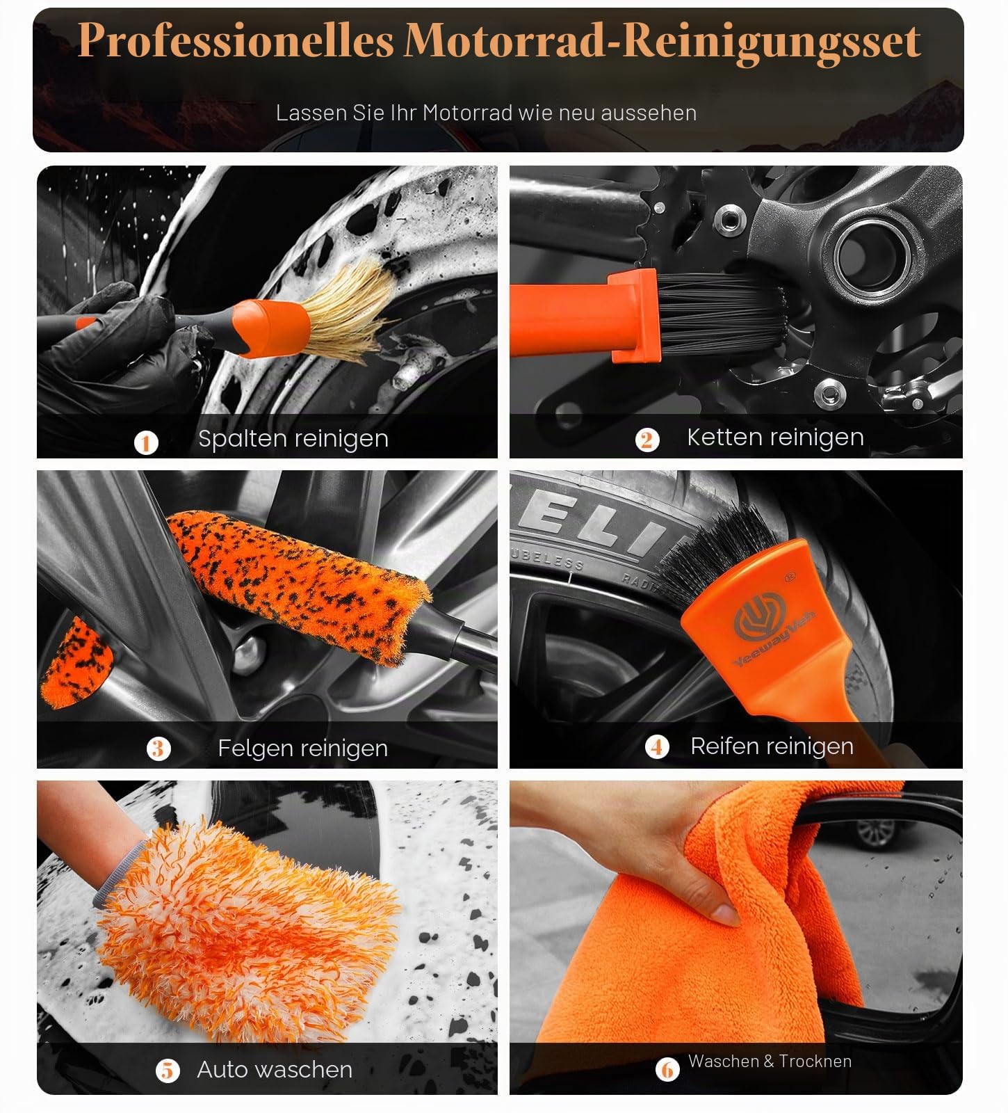 YeewayVeh Motorcycle Cleaning Kit, Bendable Wheel, Tire, Chain & Detailing Brushes with Towel and Mitt for Bike, Motorcycle, and Car Care