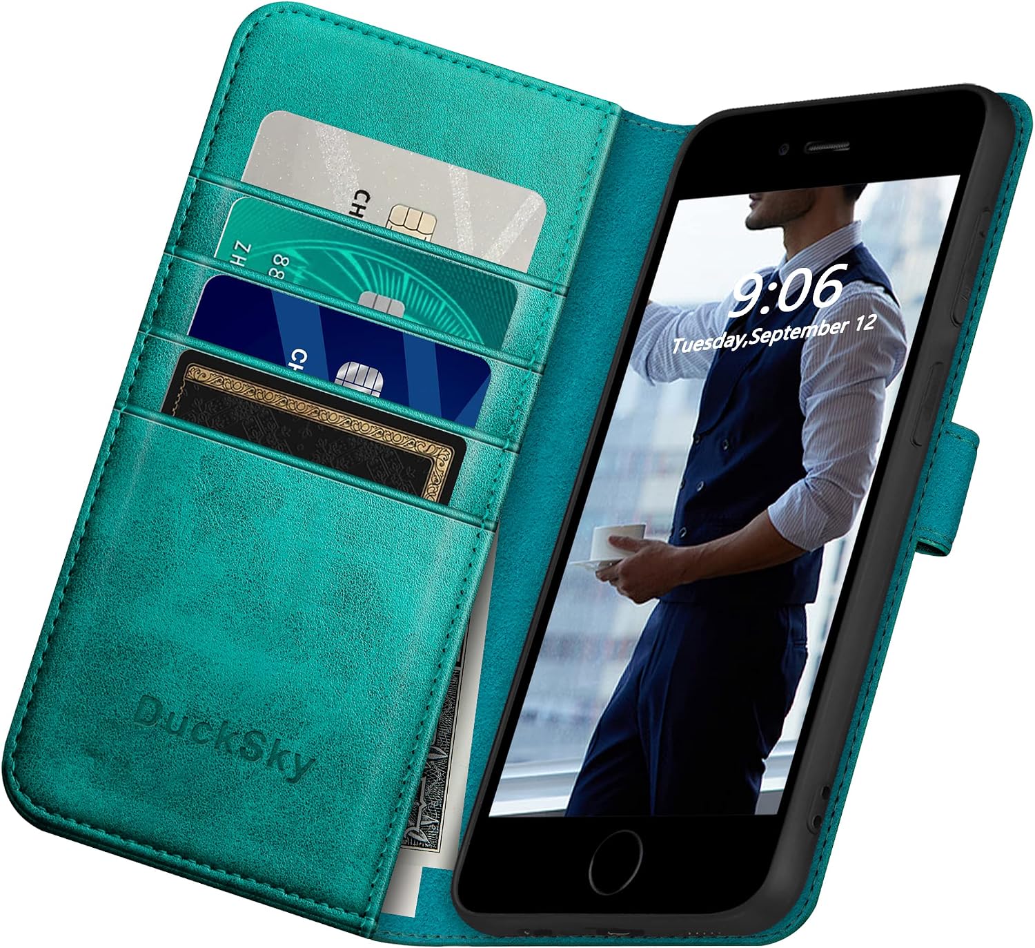 DuckSky for iPhone 7 Plus/8 Plus Genuine Leather Wallet case 【RFID Blocking】【4 Credit Card Holder】【Real Leather】 Flip Folio Book Phone case Protective Cover Women Men for Apple 8 Plus case Blue Green
