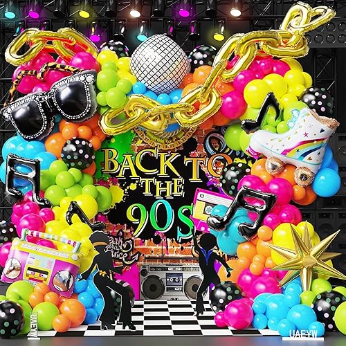 Decoraciones de fiesta temática de discoteca de los años 80 y 90, 161 piezas de guirnalda de arco de globos arcoíris con gafas de radio retro,