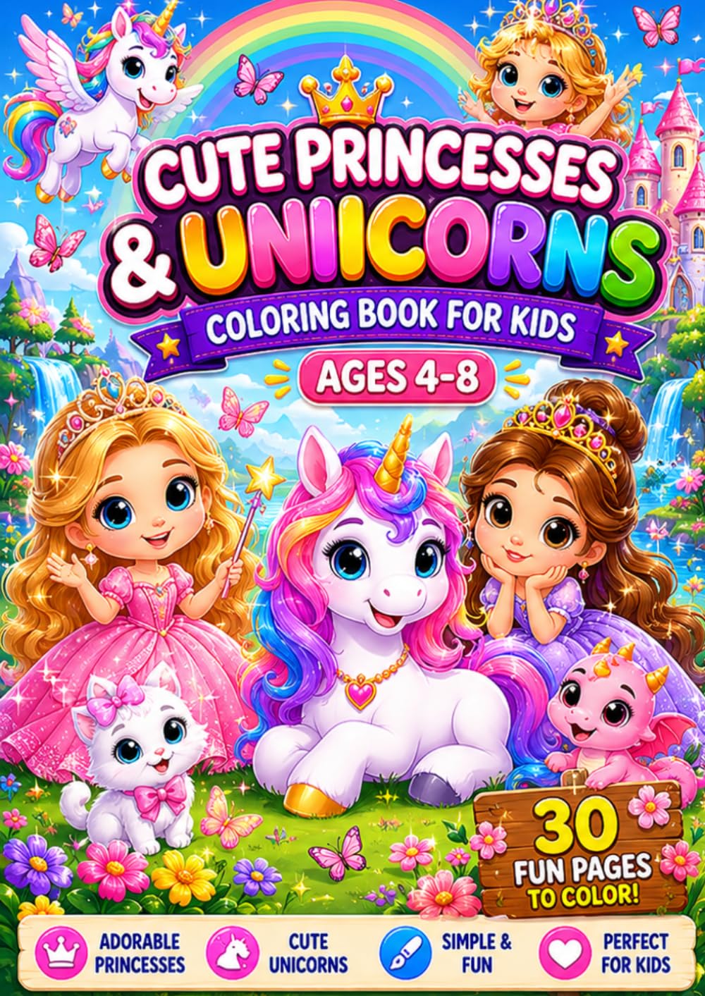 Cute Princesses & Unicorns Coloring Book for Kids: 30 Adorable Coloring Pages with Magical Princesses, Unicorns, Castles and Fairy-Tale Scenes for Children Ages 4-8