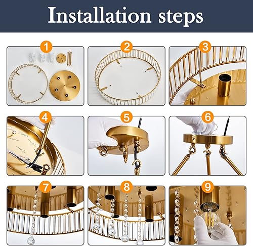 Miniatura 6 de YYJLX Lámpara moderna de cristal grande de 6 luces, de metal dorado, E26, montaje semiempotrado, lámpara de techo redonda, lámpara de techo para