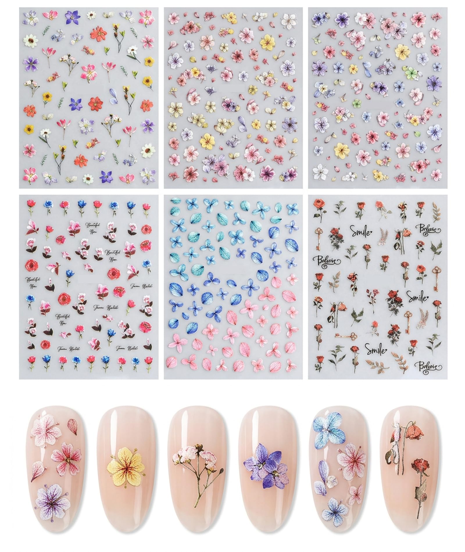 6 Pieces Nail Stickers Dried Flower Style Nail Art Stickers for DIY Manicure and Craft Decoration-image-41