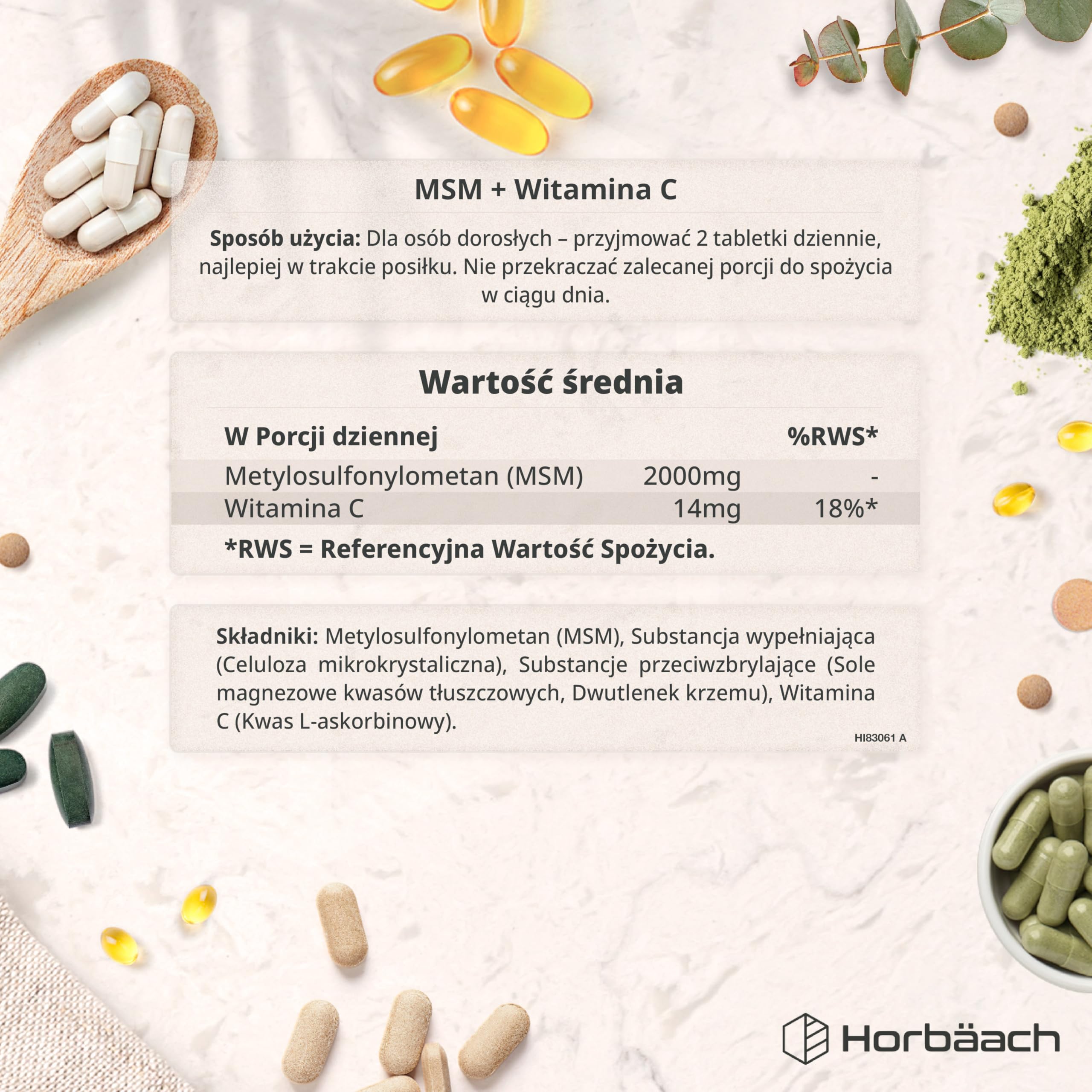 MSM Suplement 2000mg z Witaminą C | Wysoka dawka Metylosulfonylometanu (MSM) z Wit. C | 365 Wegańskich Tabletek | Firma Horbaach
