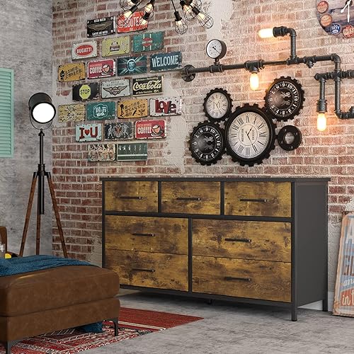 Miniatura 6 de IKENO Cómoda de 7 cajones aparadores de almacenamiento de madera industrial y cajones con marco de acero resistente cómoda de almacenamiento para