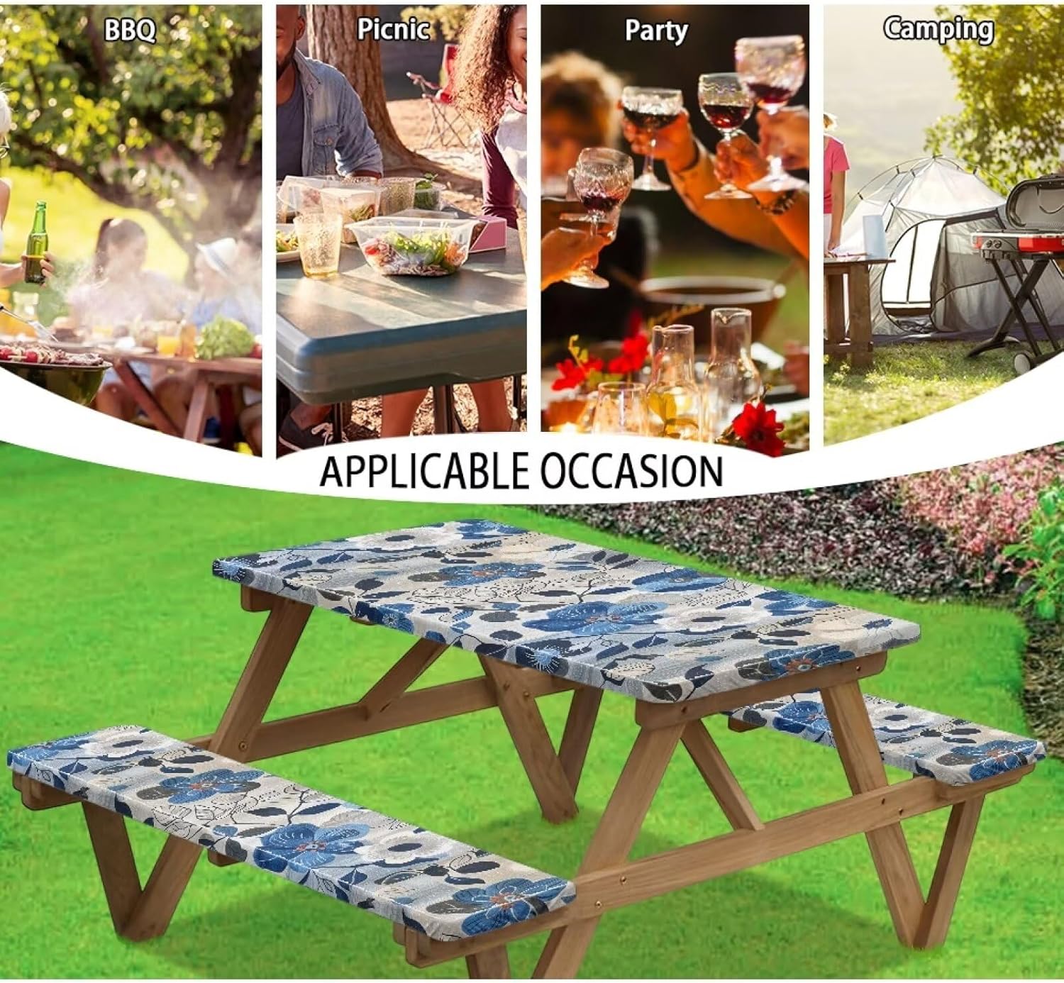Flashideas Blue Flowers Picnic Table Cover with Bench Covers Set for Outdoor and Camping Camping Essentials Accessories with Elastic RV Camping Accessories and Camper Must Haves 72in