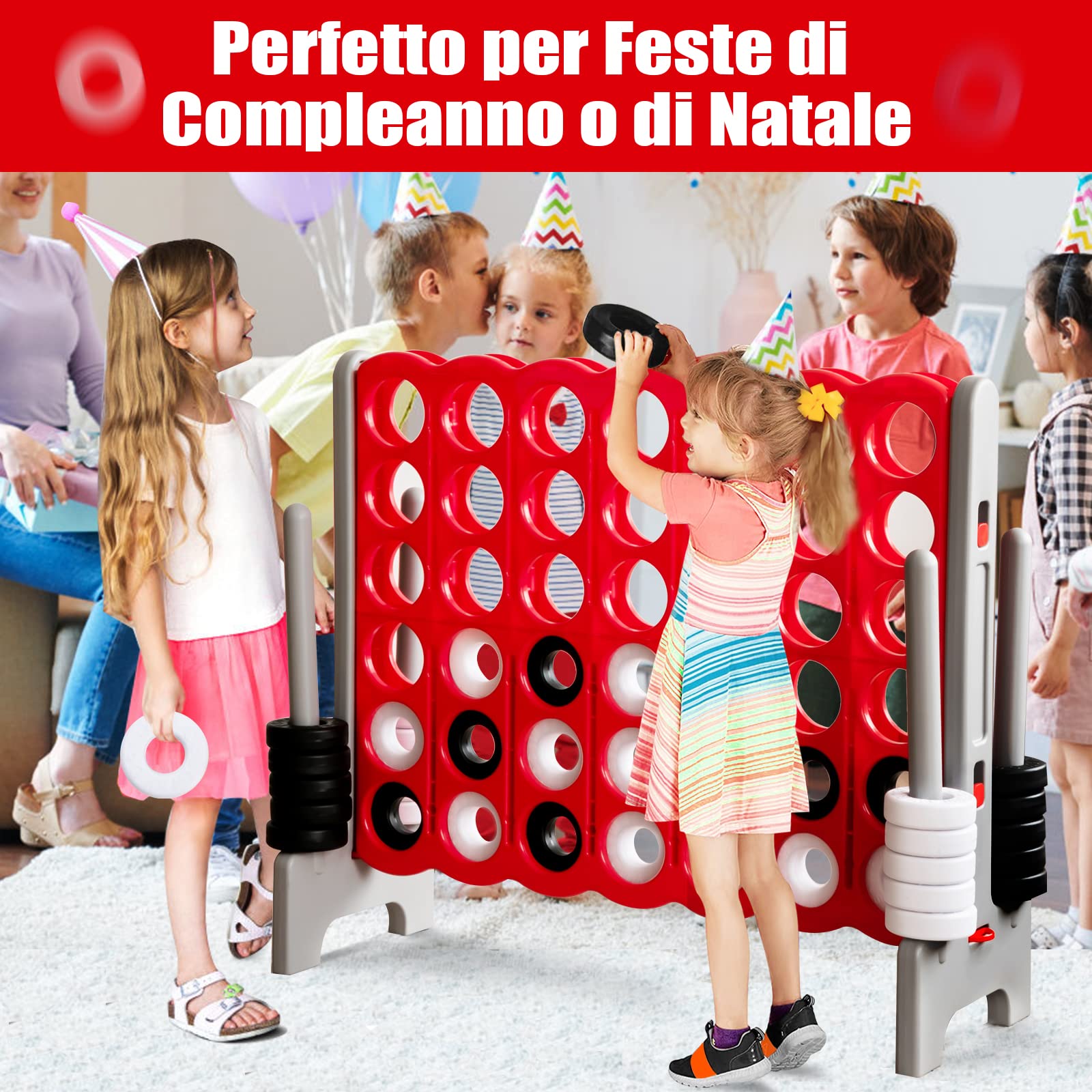 GYMAX Gioco a Terra di 4 in Linea, Grande Gioco della Strategia di Forza 4 con 42 Scacchi, per Bambini, Adulti, Gioco di Società per Riunioni di Famiglia, 120 x 42 x 104 cm (Rosso+Grigio)
