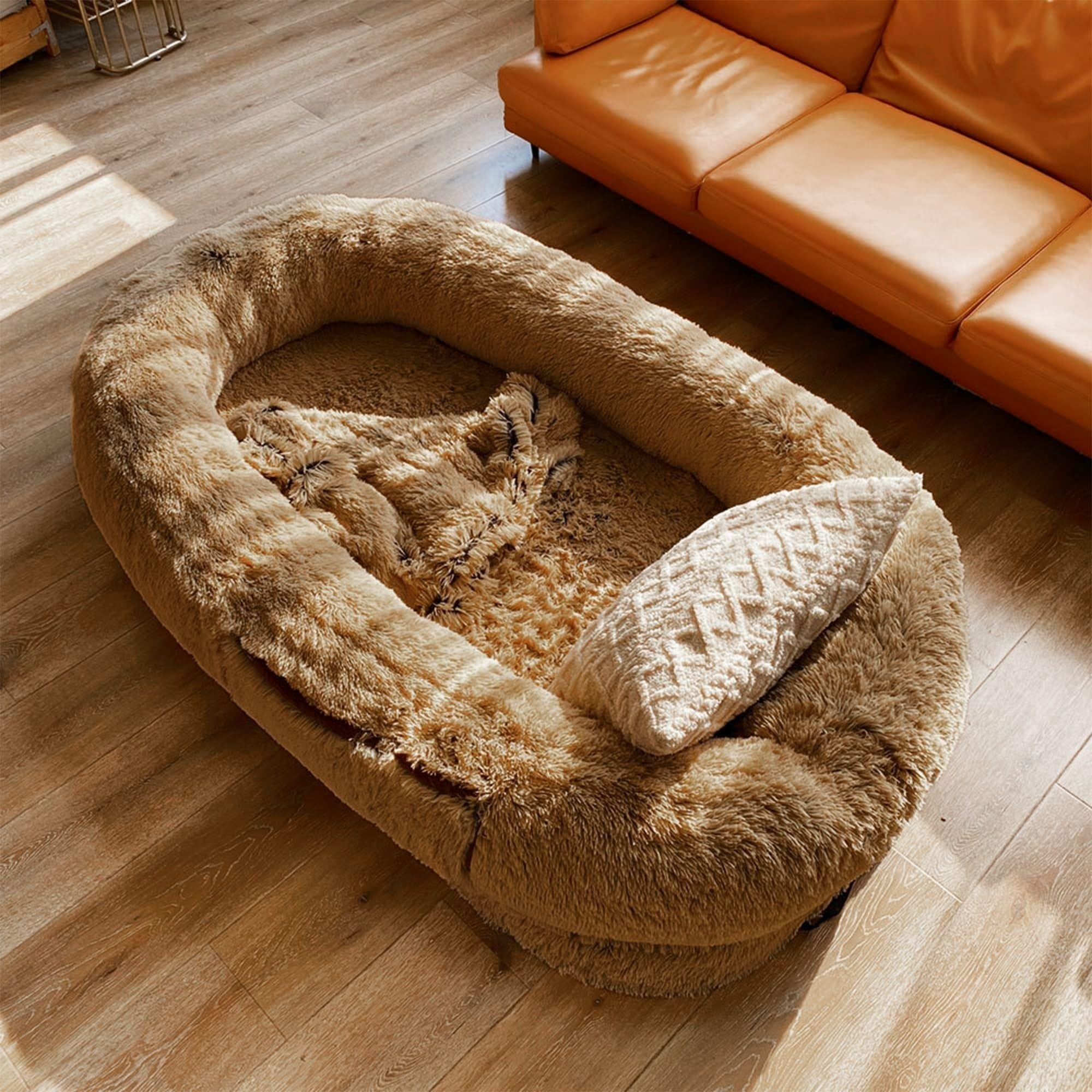GUOIOOI Extra Large Human Dog Bed Fluffy Bed for Human-Ultimate Comfort soft Fluffy Beanbag Bed with Waterproof Washable Faux Fur for Giant Dogs and adults(Dark brown,135x85x30cm)