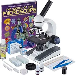 Microscópio AmScope 40X-1000X sem fio para estudantes com kit de preparação de deslizamento e o World of The Microscope Book M150C-SP14-CLS-50P100S-WM