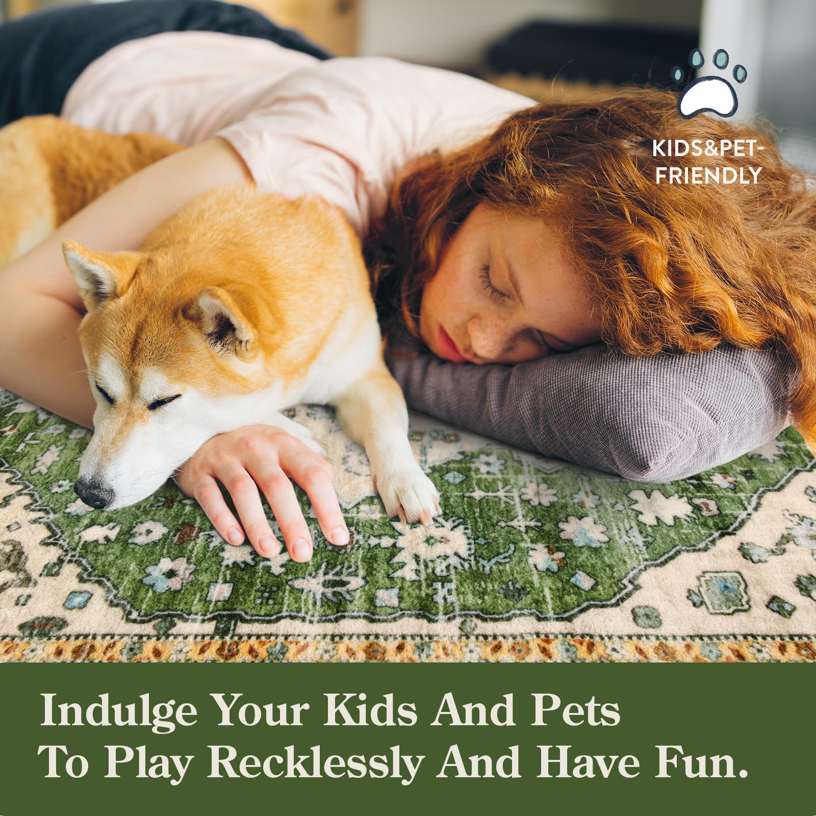 Lahome Washable Rugs 8x10 Pink Rugs for Bedroom Girls, Boho Tribal Nursery Living Room Area Rug, Vintage Large Soft Non Slip Indoor Carpet for Dorm Classroom Kids Room (8x10ft,Pink): 8' x 8' (Square) Green