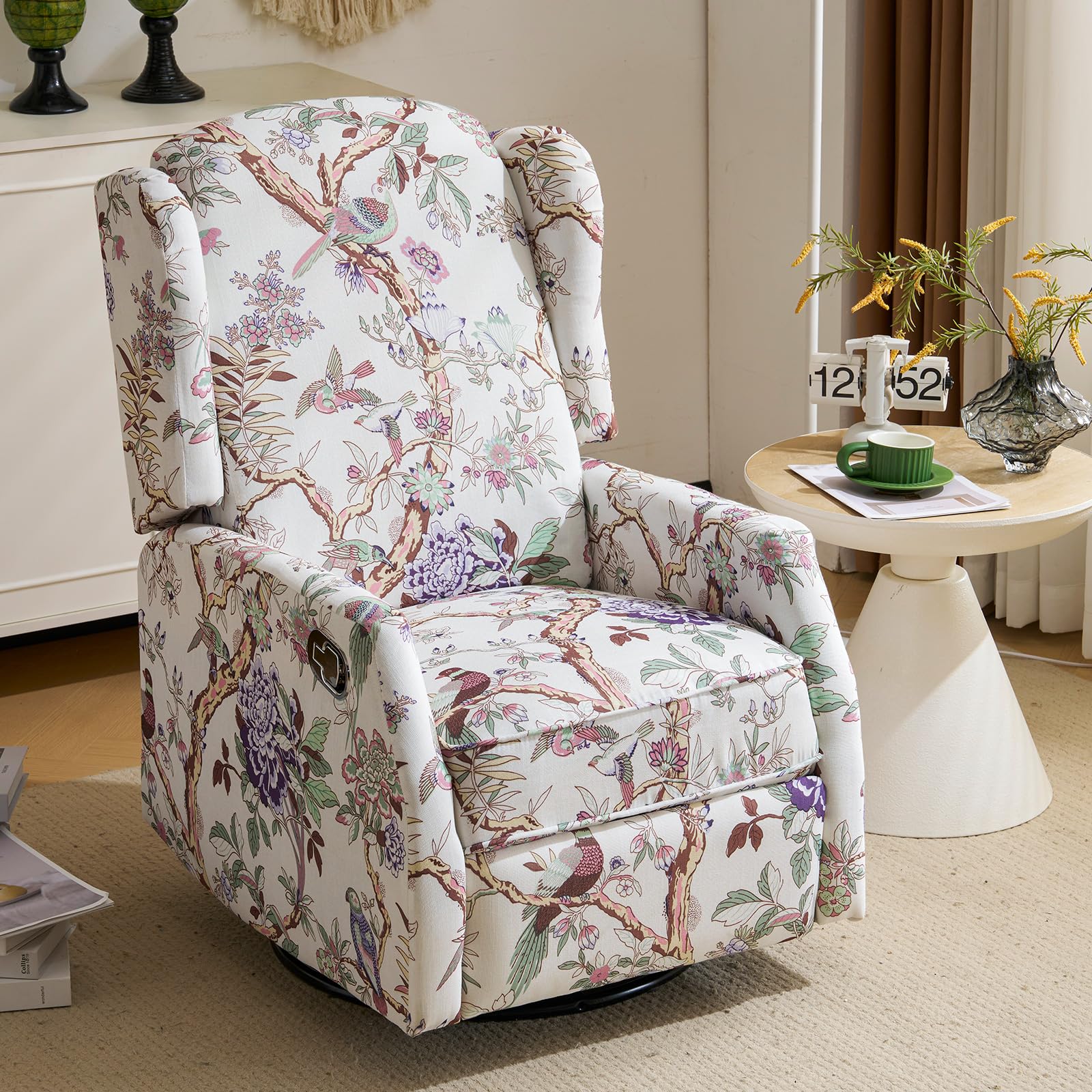 P.H.Furn Swivel Rocker Recliner,Wingback Recliner Chair,Floral Accent Chair Fabric Chair with High Back,Padded Seat for Living Room,Bedroom, Home